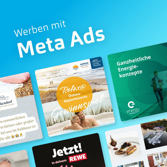 Werbeanzeigen auf den Meta-Plattformen Collage von exemplarischen Meta Ads mit Text: "Werben mit Meta Ads".
