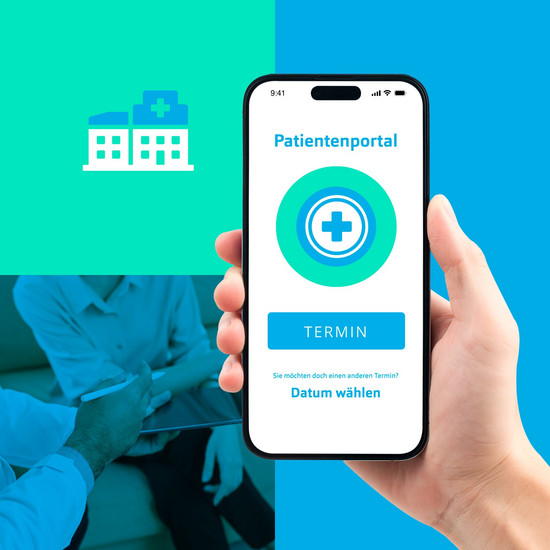 KHZG-konformes Patientenportal & Krankenhaus- zukunftsfonds Bildercollage mit dem Themenschwerpunkt "Patientenportal"