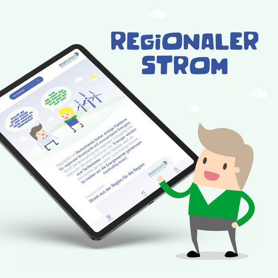 Internetseite für Stromvermarkter Die neue Webseite in der Tabletansicht mit illustriertem Männchen.