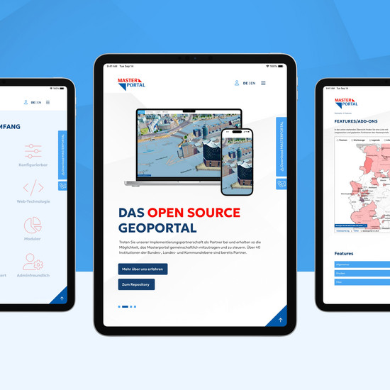 Relaunch für Masterportal von IT-Dienstleister Die neue Webseite vom Masterportal, dargestellt auf drei Tablets.