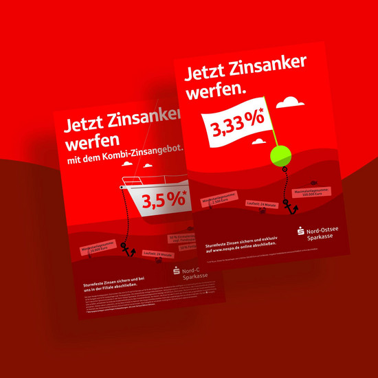 Kampagne für Sparkasse rotes Plakat: Jetzt Zinsanker werfen. Visualisierung von einem Anker im Wasser.