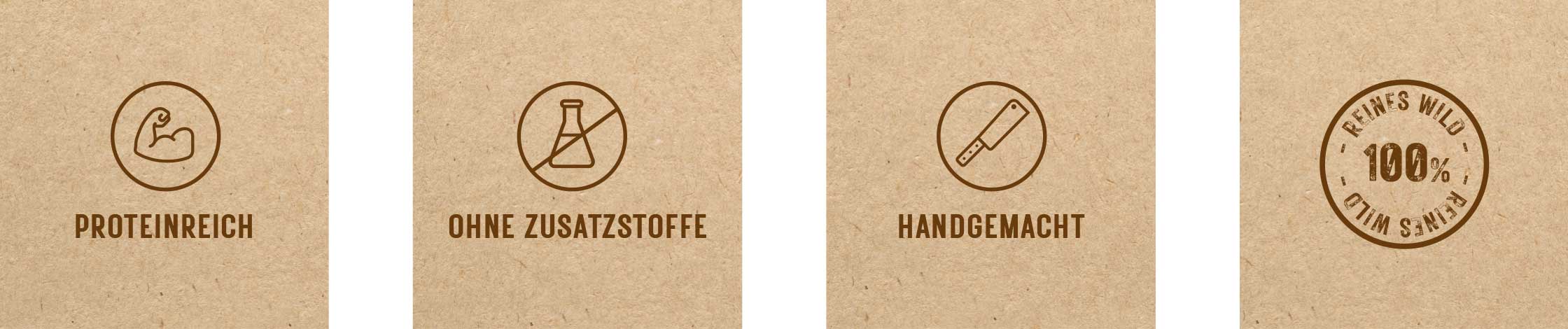 Vier Icons in braunen Kästen