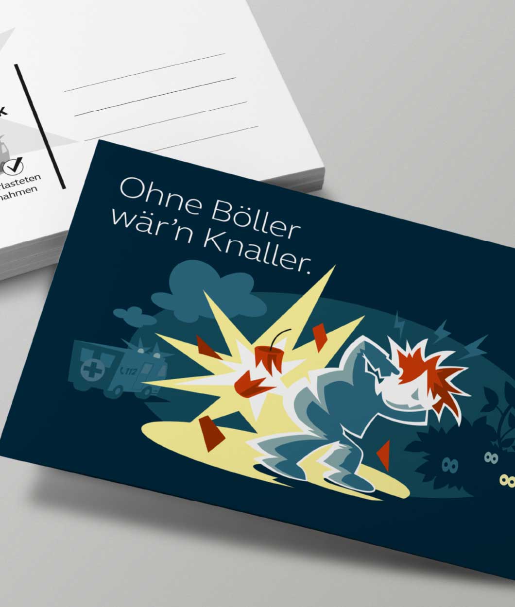 lh-kiel-boellern_03.jpg Blaue Postkarte mit Person und Böller