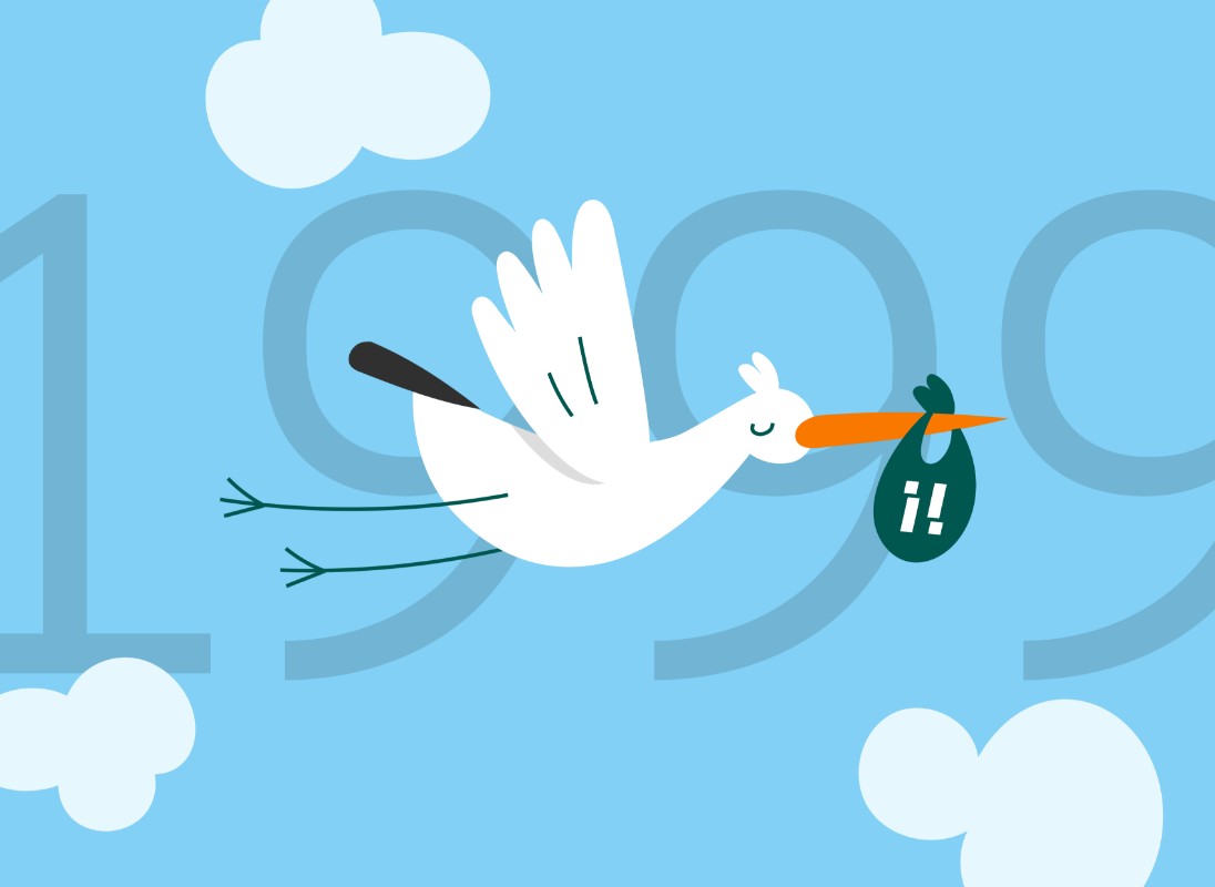 Blauer Hintergrund mit Jahreszahl 1999 und Storch