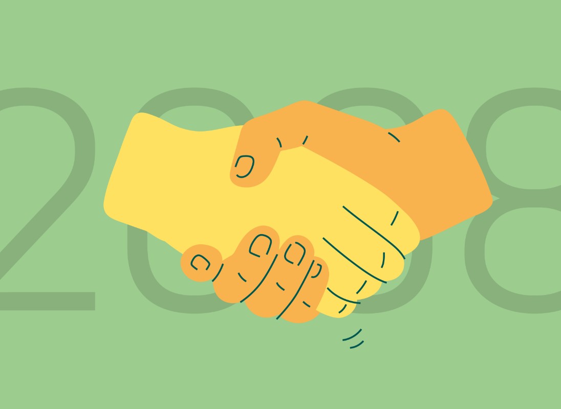 Grüner Hintergrund mit Jahreszahl 2008 und Handschlag