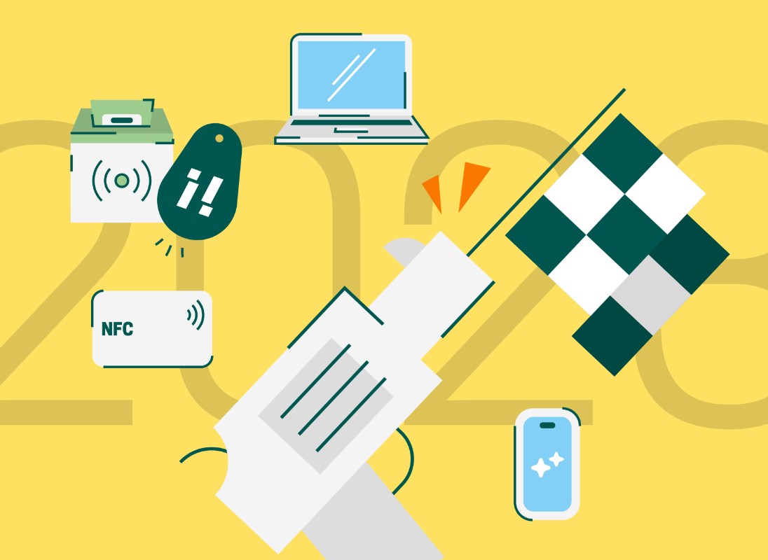 Gelber Hintergrund mit Jahreszahl 2023 und verschiedenen digitale Geräte