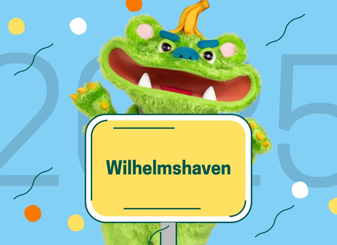 Gelber Hintergrund mit Jahreszahl 2025 mit Ortsschild Wilhelmshaven und innoschreck-Monster