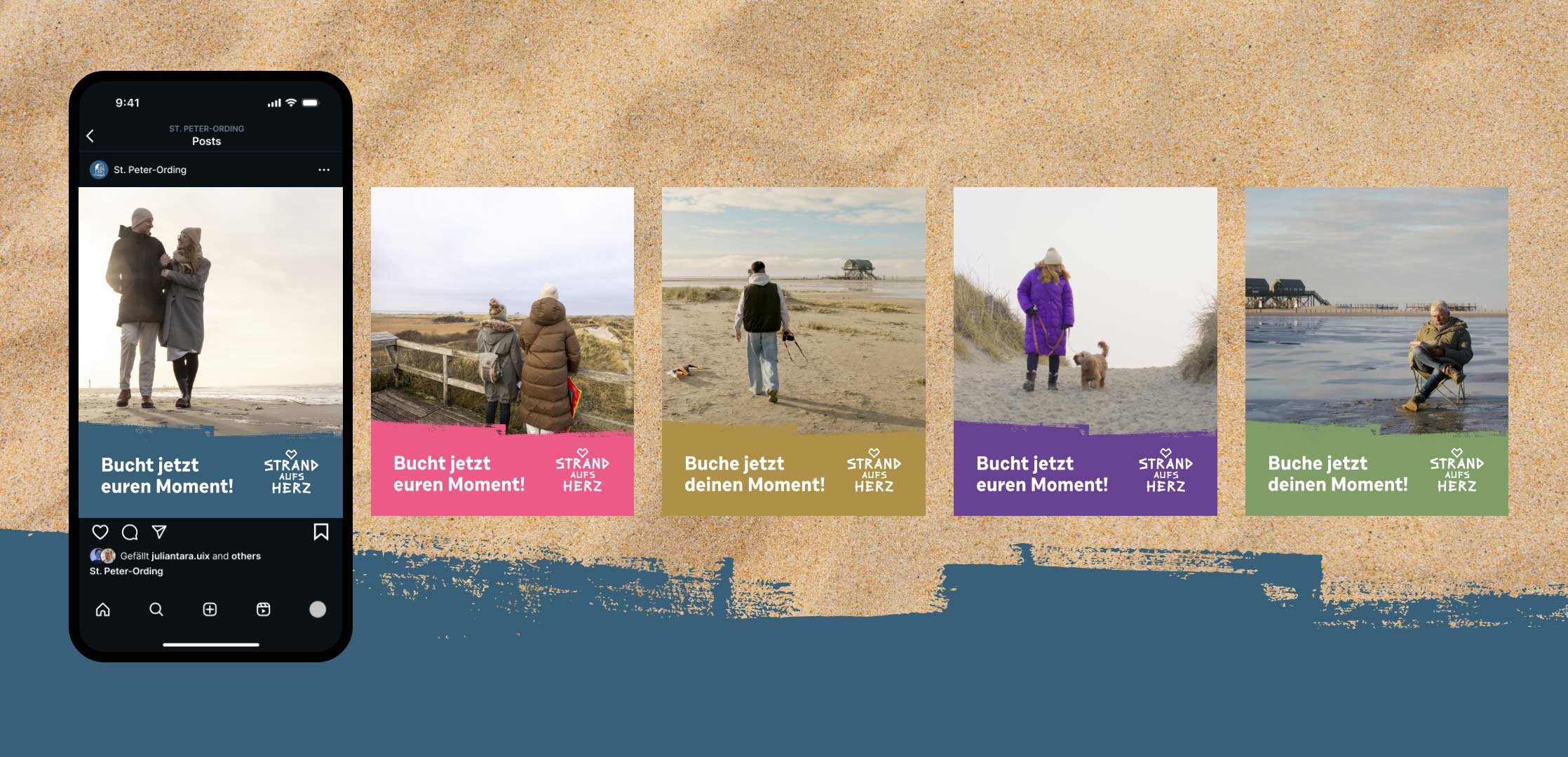 Ein Smartphone und verschiedene Strand aufs Herz Motive