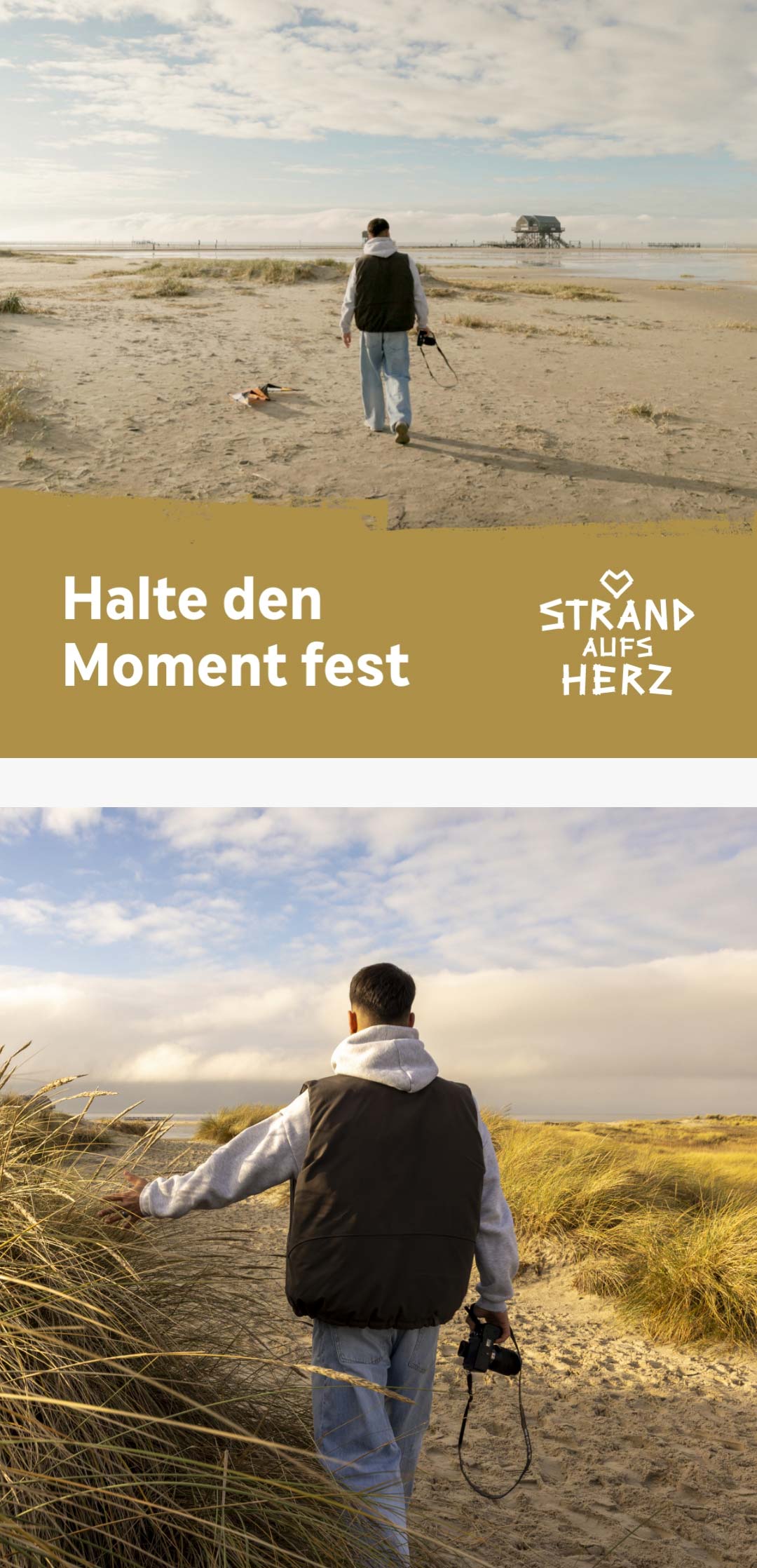 Zwei Fotos einer Person, die am Strand spazieren geht