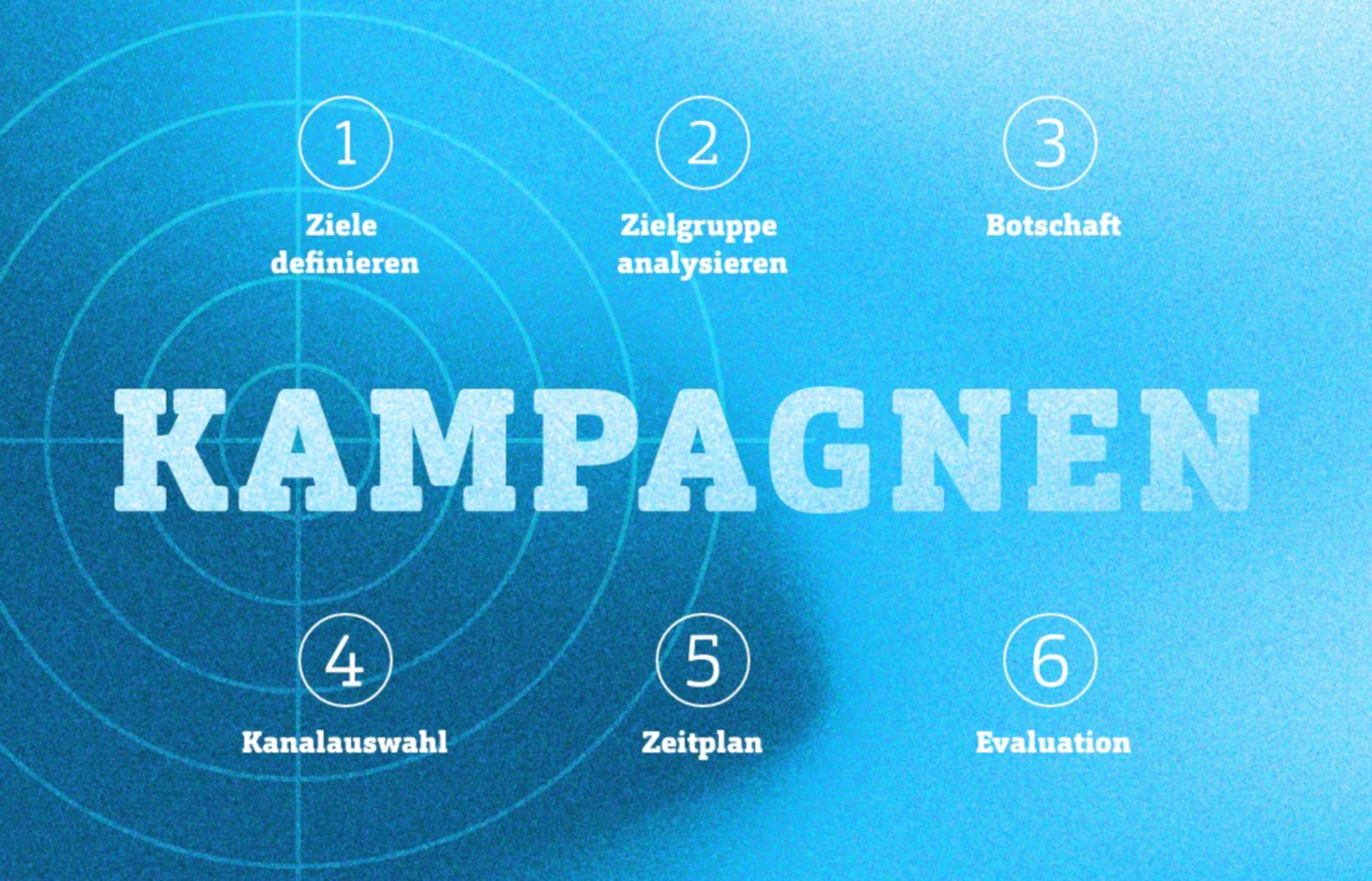 Blaue Kampagnenaufschrift auf einem blauen Hintergrund mit Icons