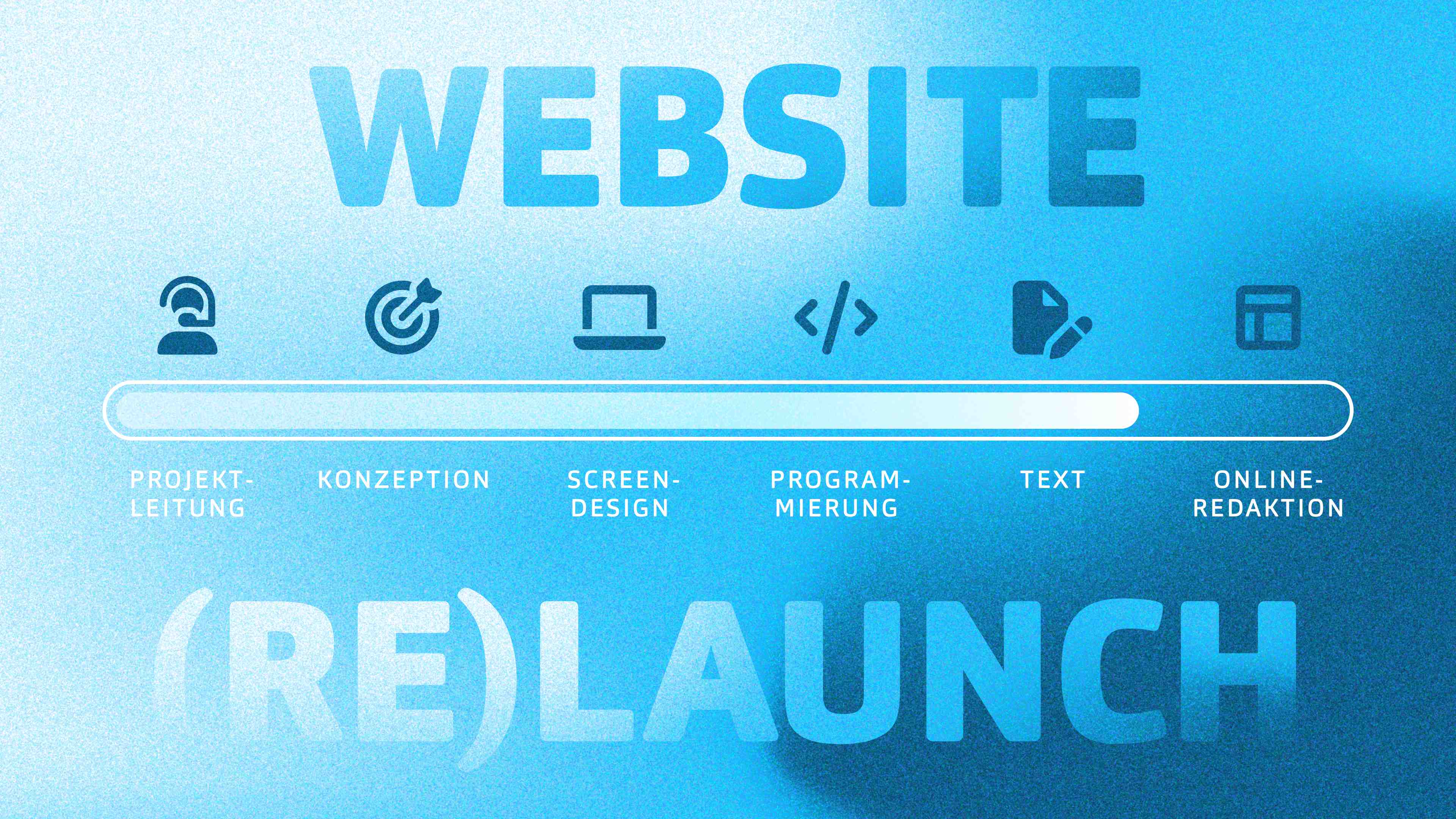 Blauer Hintergrund mit Beschriftung und mehreren Icons