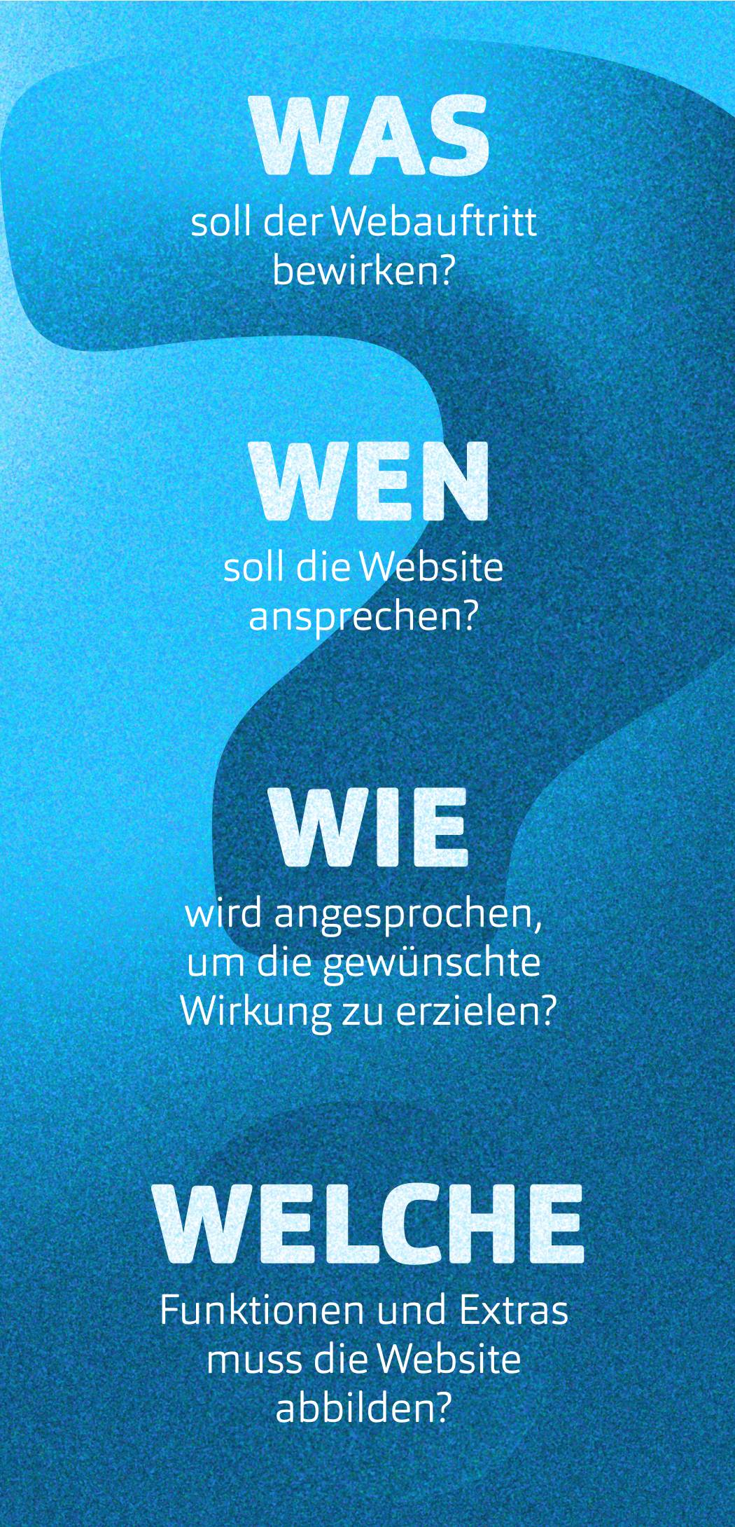 Blauer Hintergrund mit einem großen Fragezeichen und weißer Beschriftung