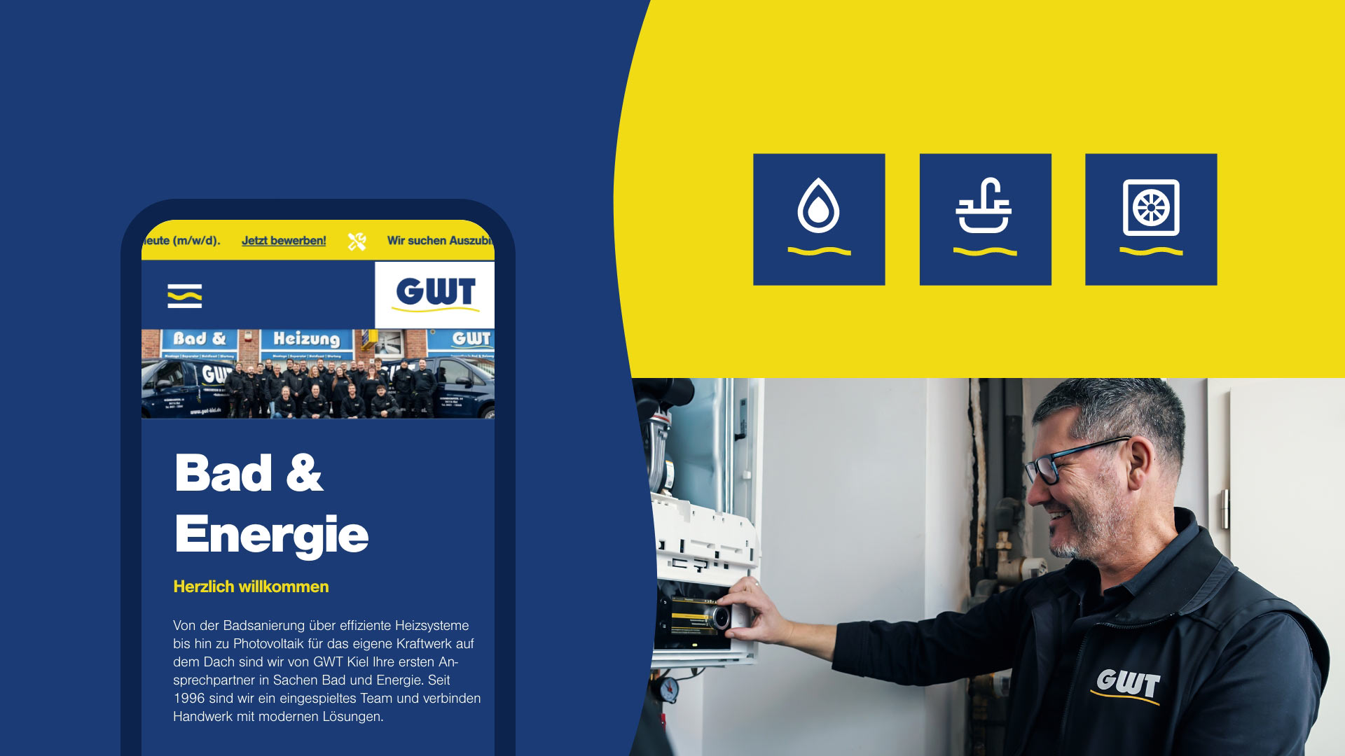 Blauer und gelber Hintergrund mit einem Handy das die Internetseite von GWT Kiel anzeigt