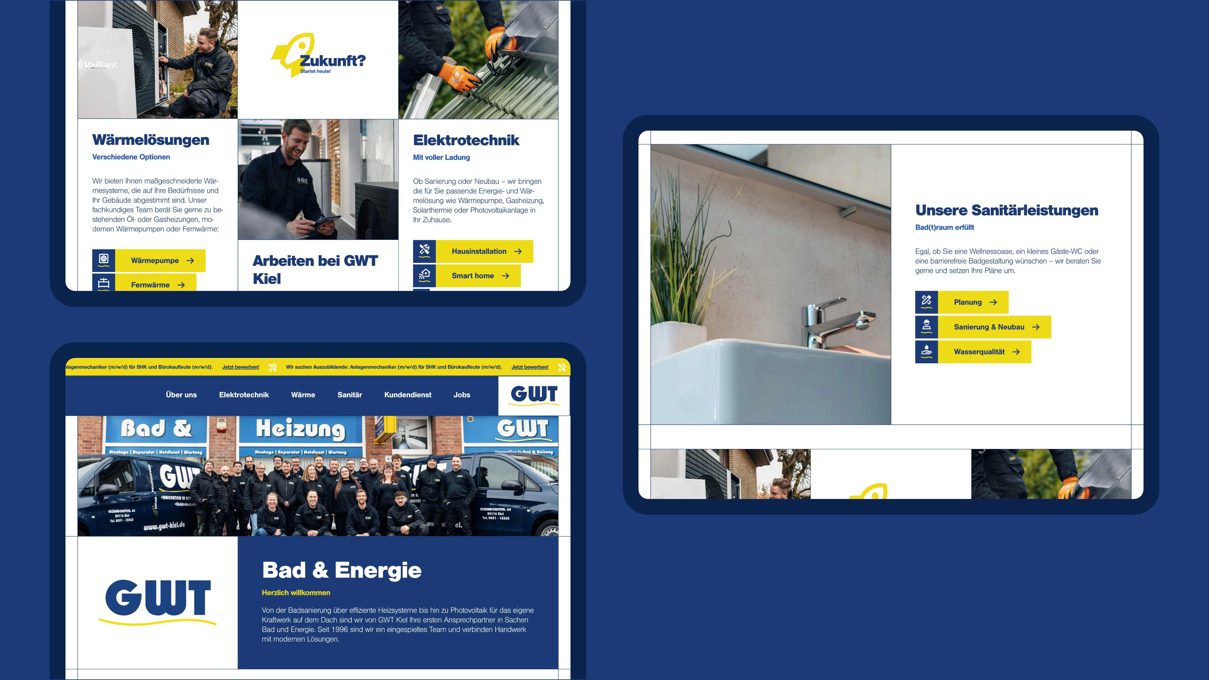 hochzwei_Internetauftritt_GWT_Slider_02.jpg Drei iPad Ansichten der Website von GWT Kiel, die Team Bilder und Unterseiten geöffnet haben