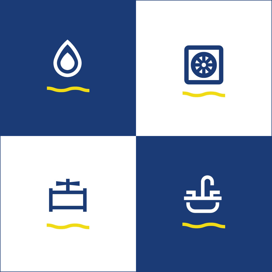 hochzwei_Internetauftritt_GWT_teaser_06.jpg Vier Icons auf blauem und weißem Hintergrund die jeweils ein Wasserstropfen, eine Lüftungsanlase und zwei Waschbecken anzeigen