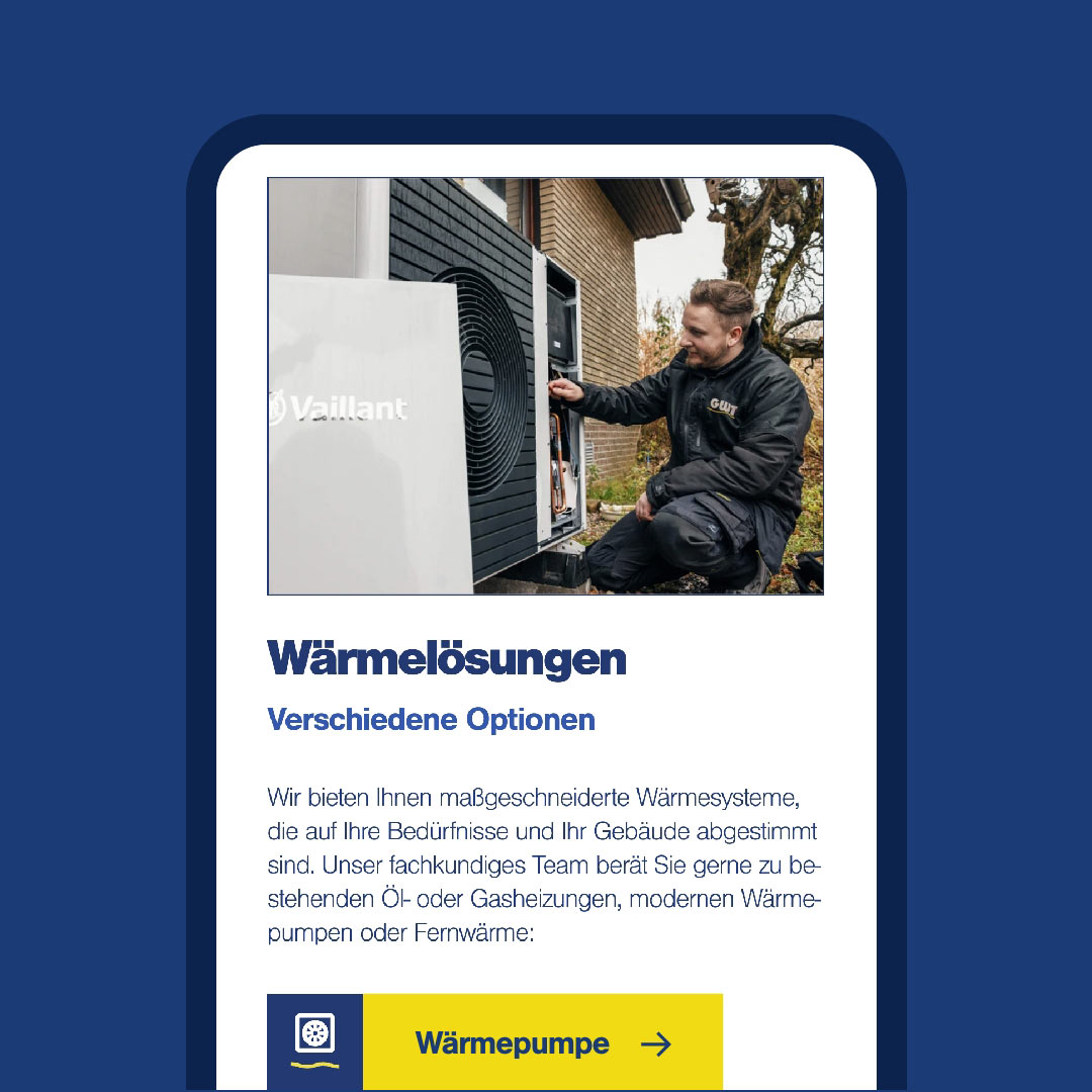 hochzwei_Internetauftritt_GWT_teaser_08.jpg Die mobile Ansicht der GWT Seite mit der Aufschrift Wärmeanlagen und einem Bild von einem Handwerker