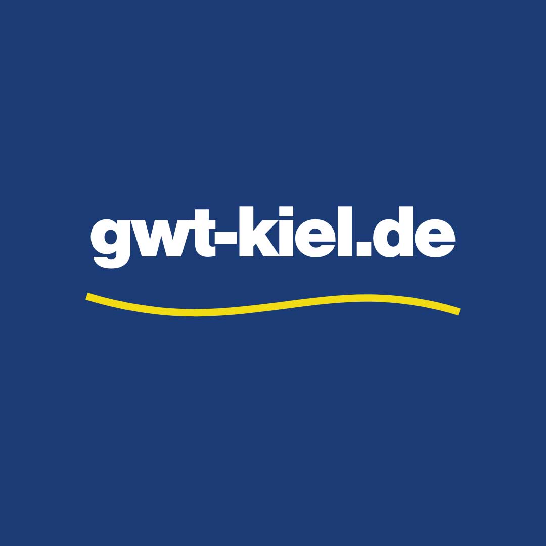 hochzwei_Internetauftritt_GWT_teaser_11.jpg Die URL von GWT Kiel auf blauen Hintergrund mit einem gelben Strich