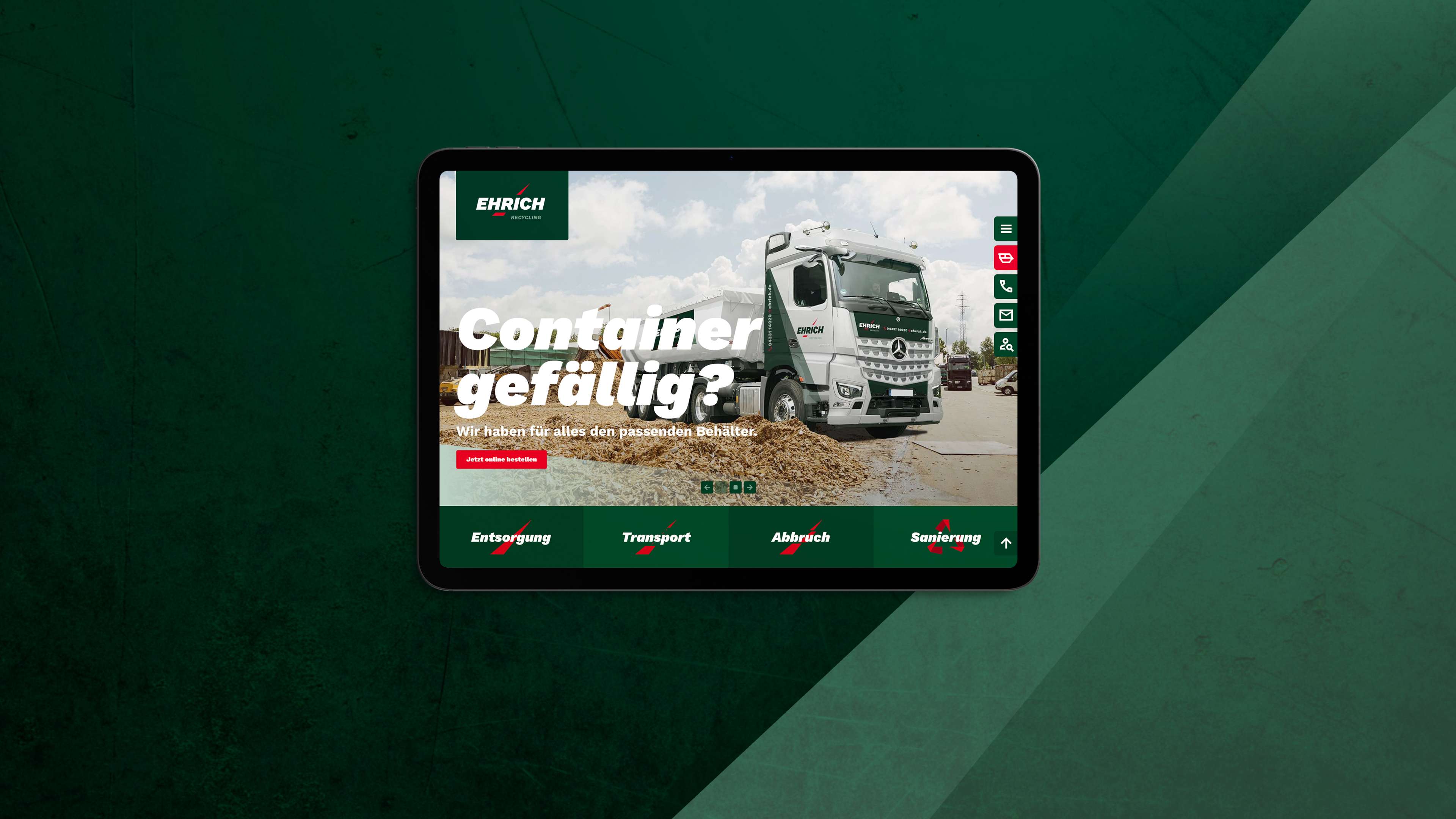 Screenshot der Startseite der Ehrich Webseite auf dunkelgrünem Hintergrund