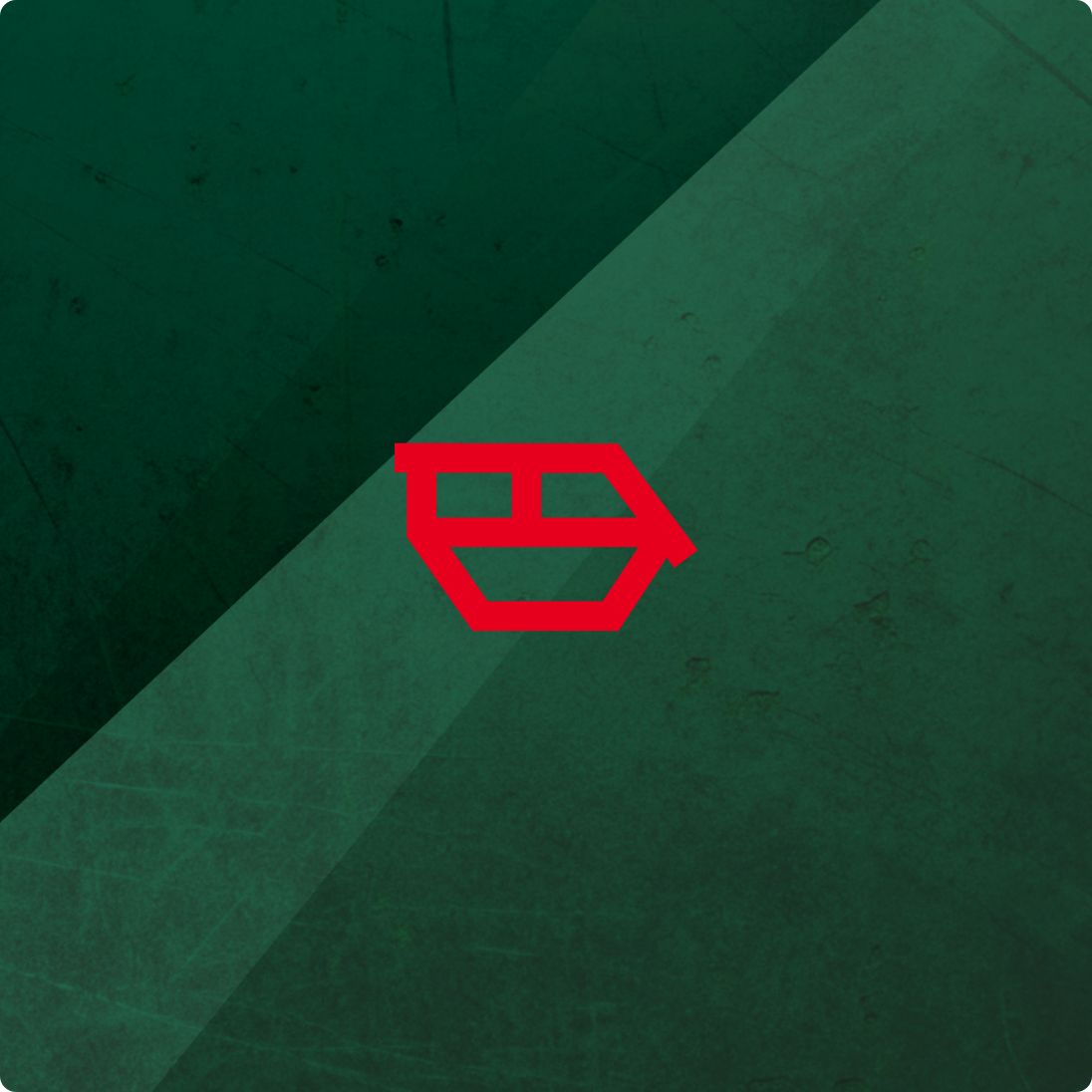 Ein Baucontainer grafisch dargestellt als Icon in rot auf dunkelgrün