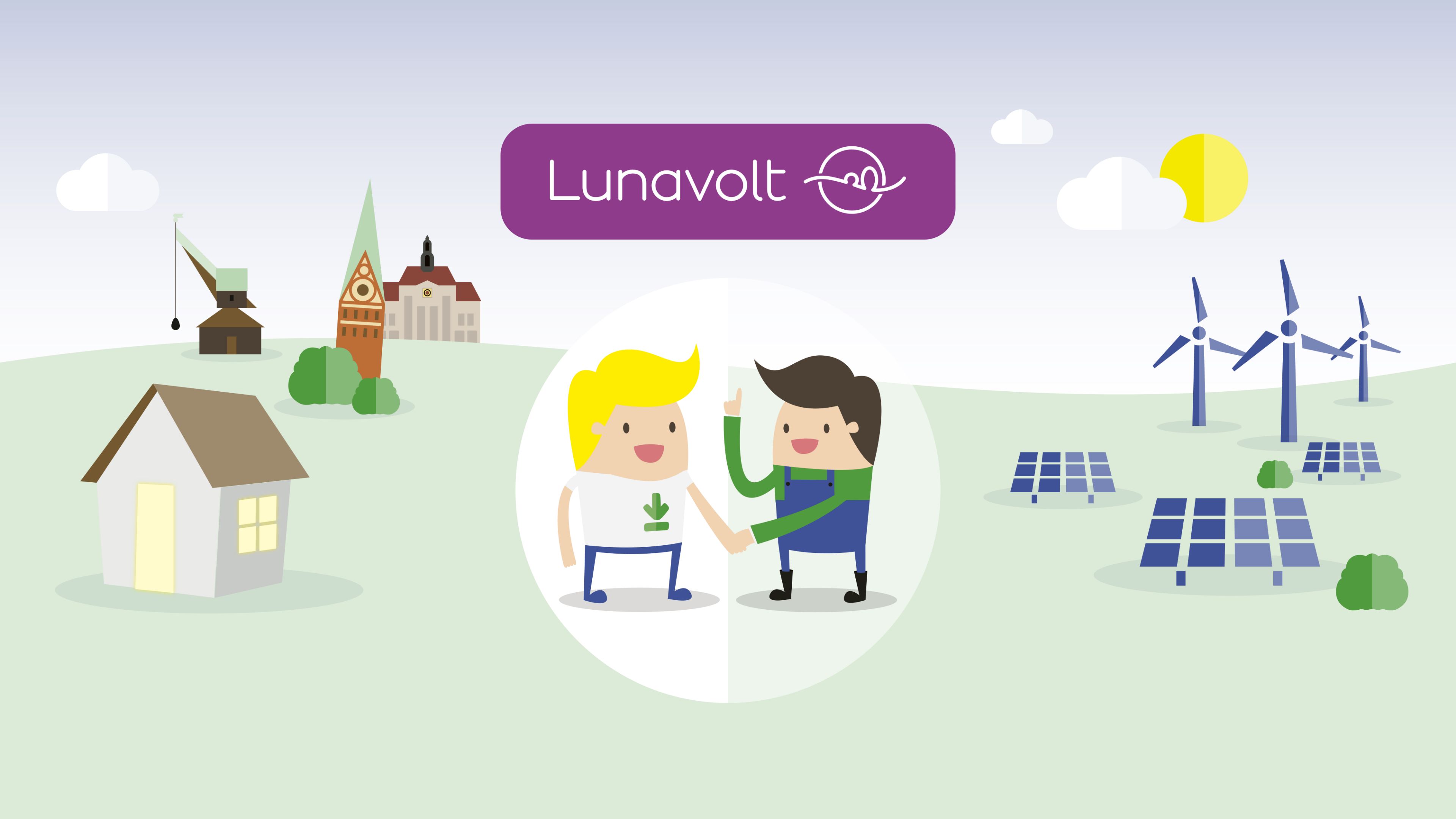 Zwei animierte Männchen geben sich die Hand, darüber ein weißes Logo von Luanvolt auf einem lilanem Hintergrund