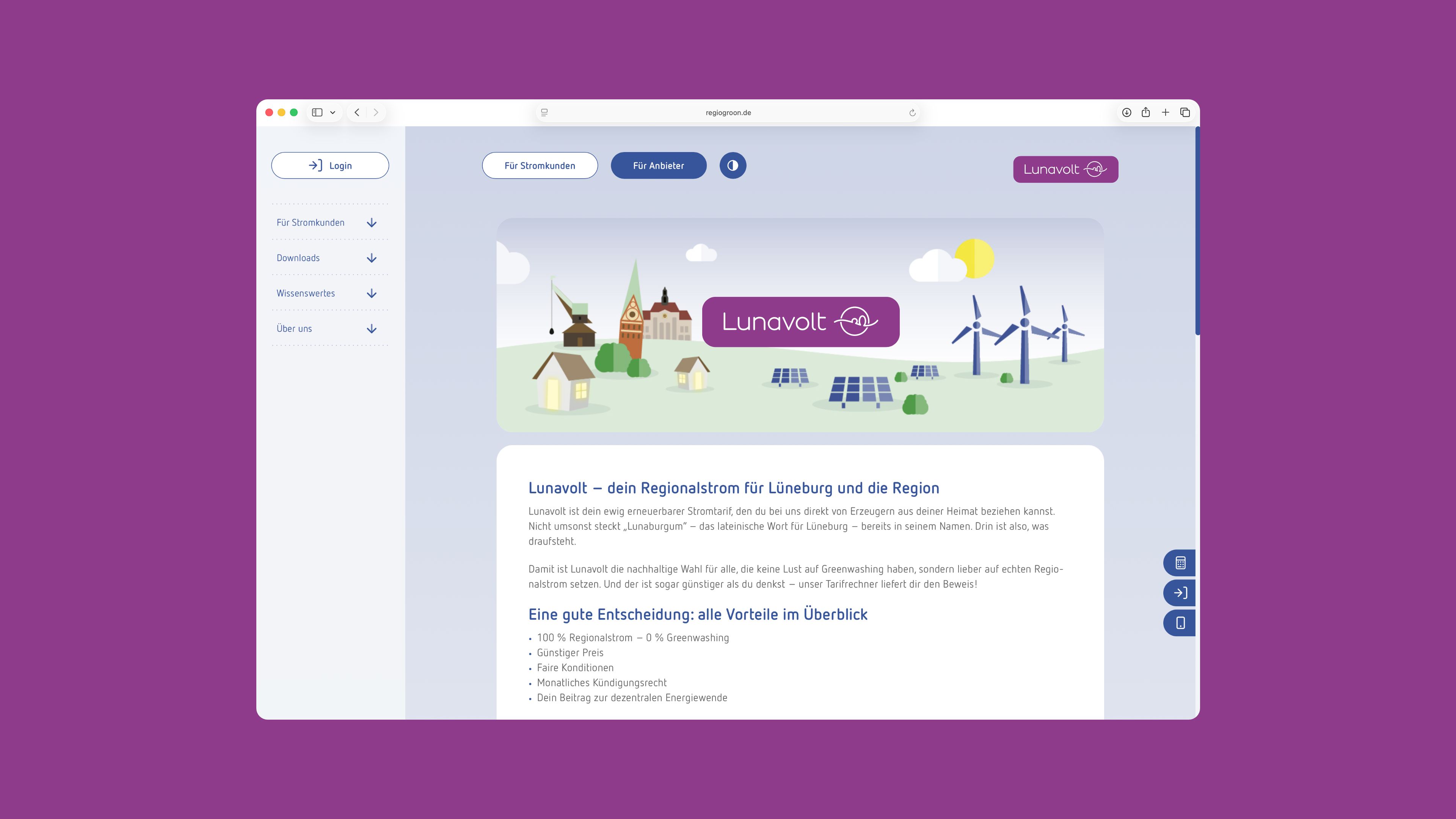 Websiten Ansicht von Lunavolt auf einem lilanem Hintergrund