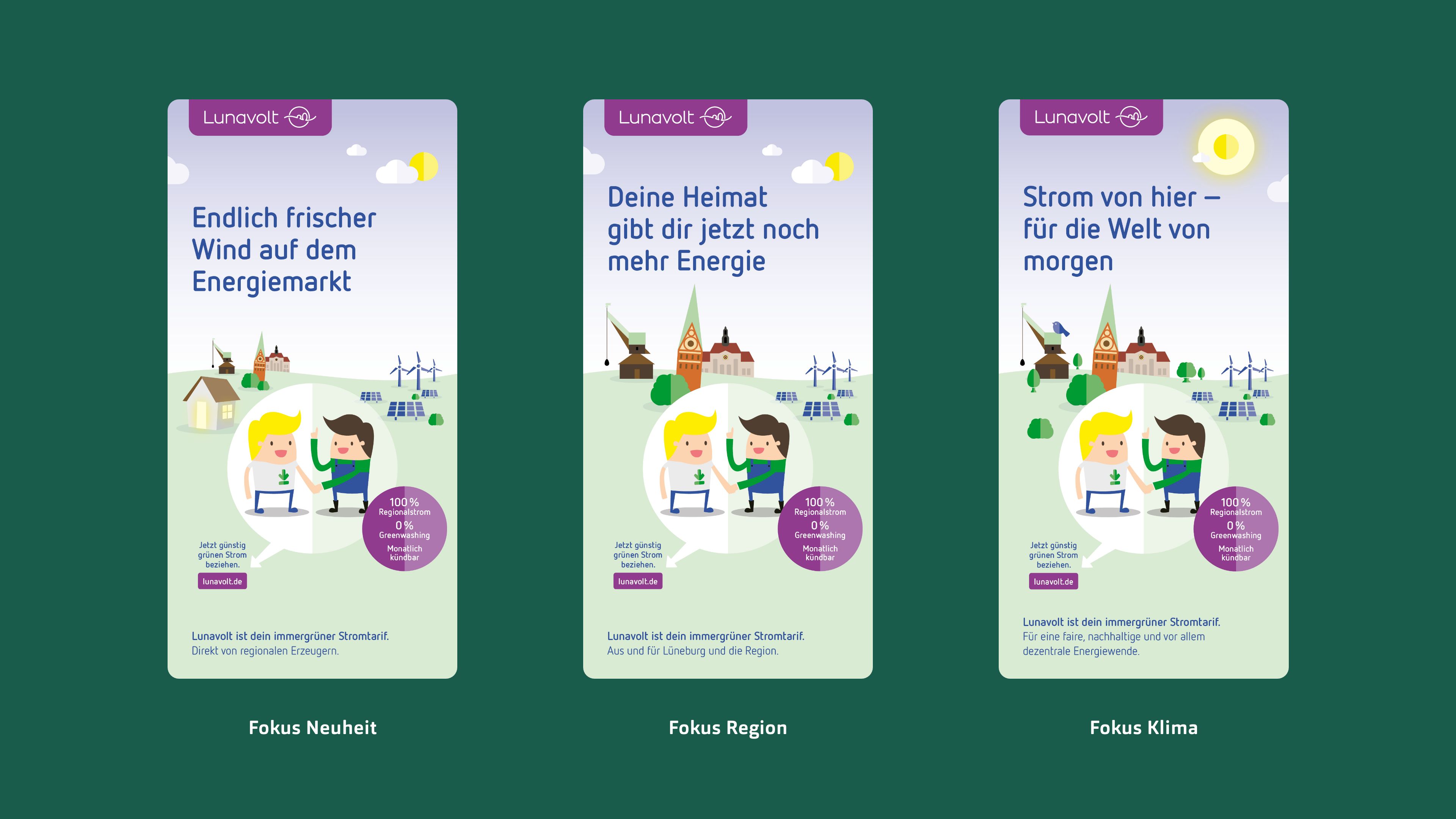 Drei Spalten mit der mobilen Ansicht der Lilavolt Website, zwei Männchen geben sich die Hand, im Hintergrund eine Kirche und Windkraftanlage