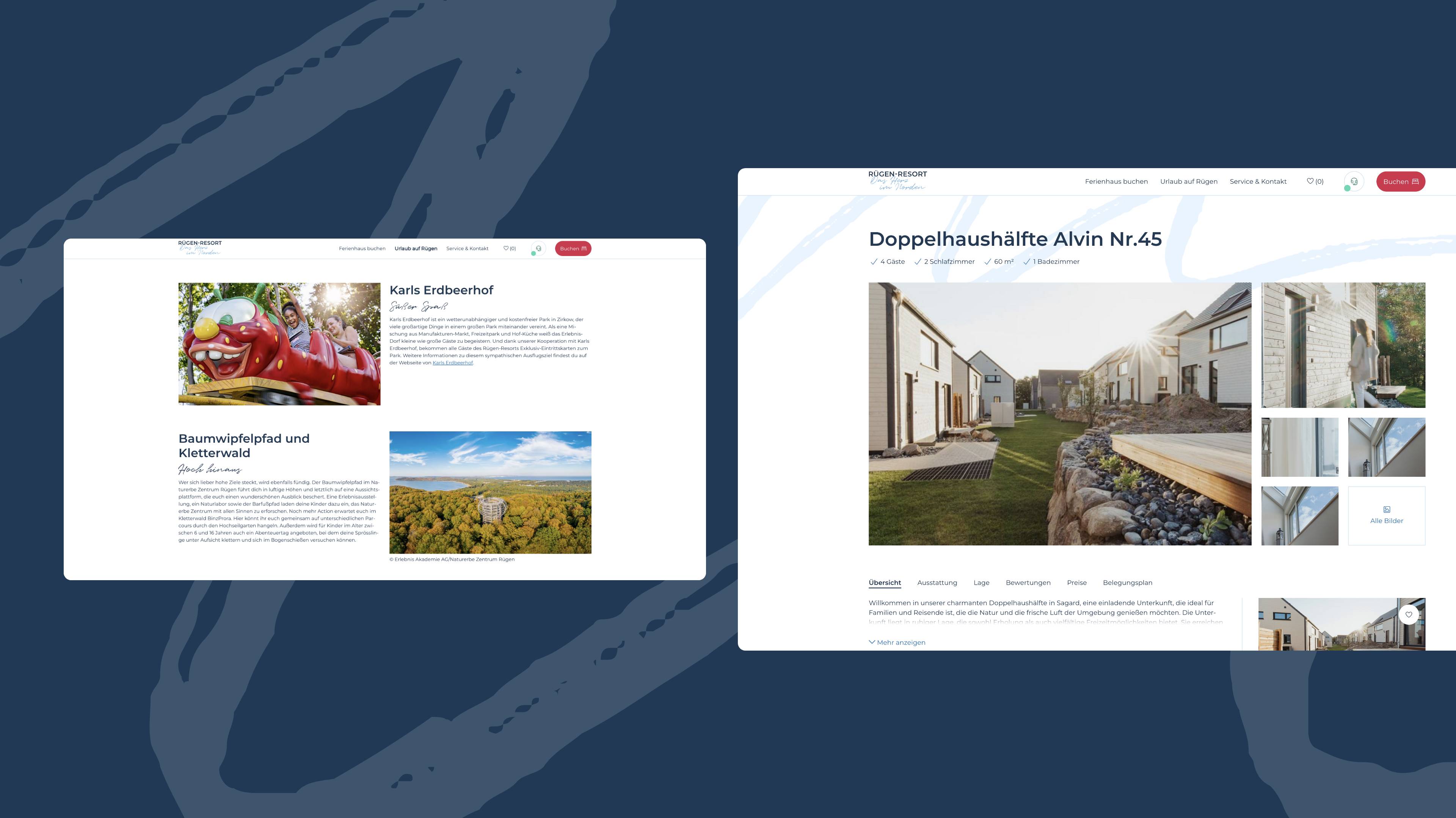 h2_gstolz_slider_01.jpg Ein blauer Hintergrund, davor zwei weiße Kacheln, darauf zwei Unterseiten der Website von Rügen Resort Sagard