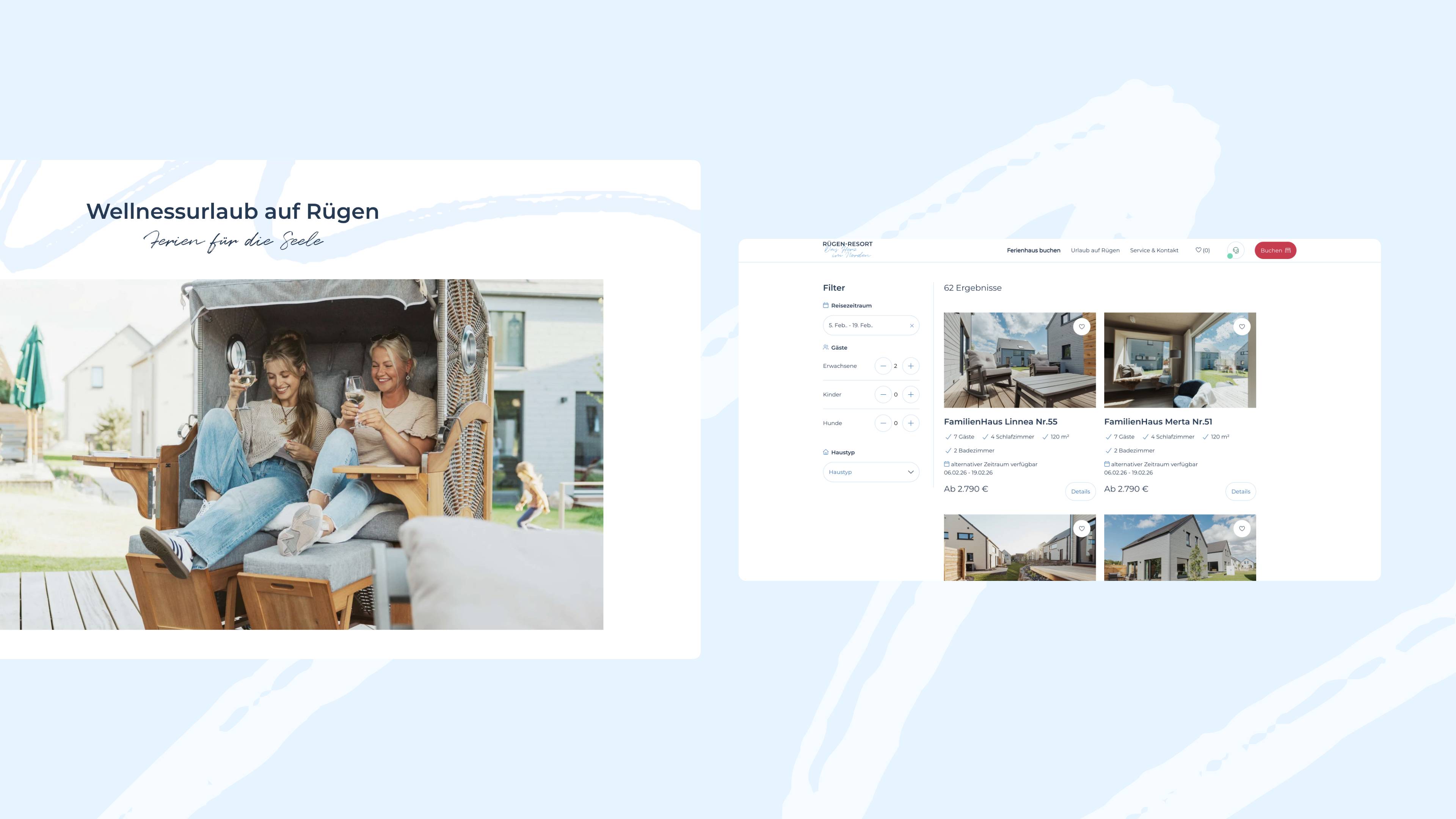 h2_gstolz_slider_02.jpg Zwei weiße Kacheln auf blauen Hintergrund: Darauf zwei Frauen in einem Strandkorb