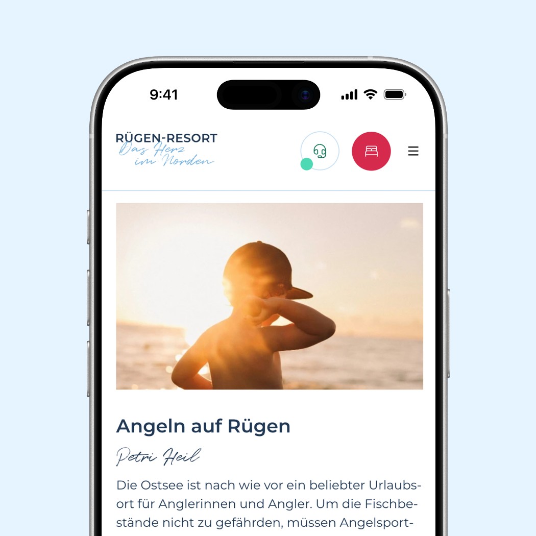 h2_gstolz_teaser_04.jpg Ein Handy vor blauen Hintergrund, auf dem Handy ist die Internetseite von Rügen Resort zu geöffnet zum Thema: Angeln auf Rügen