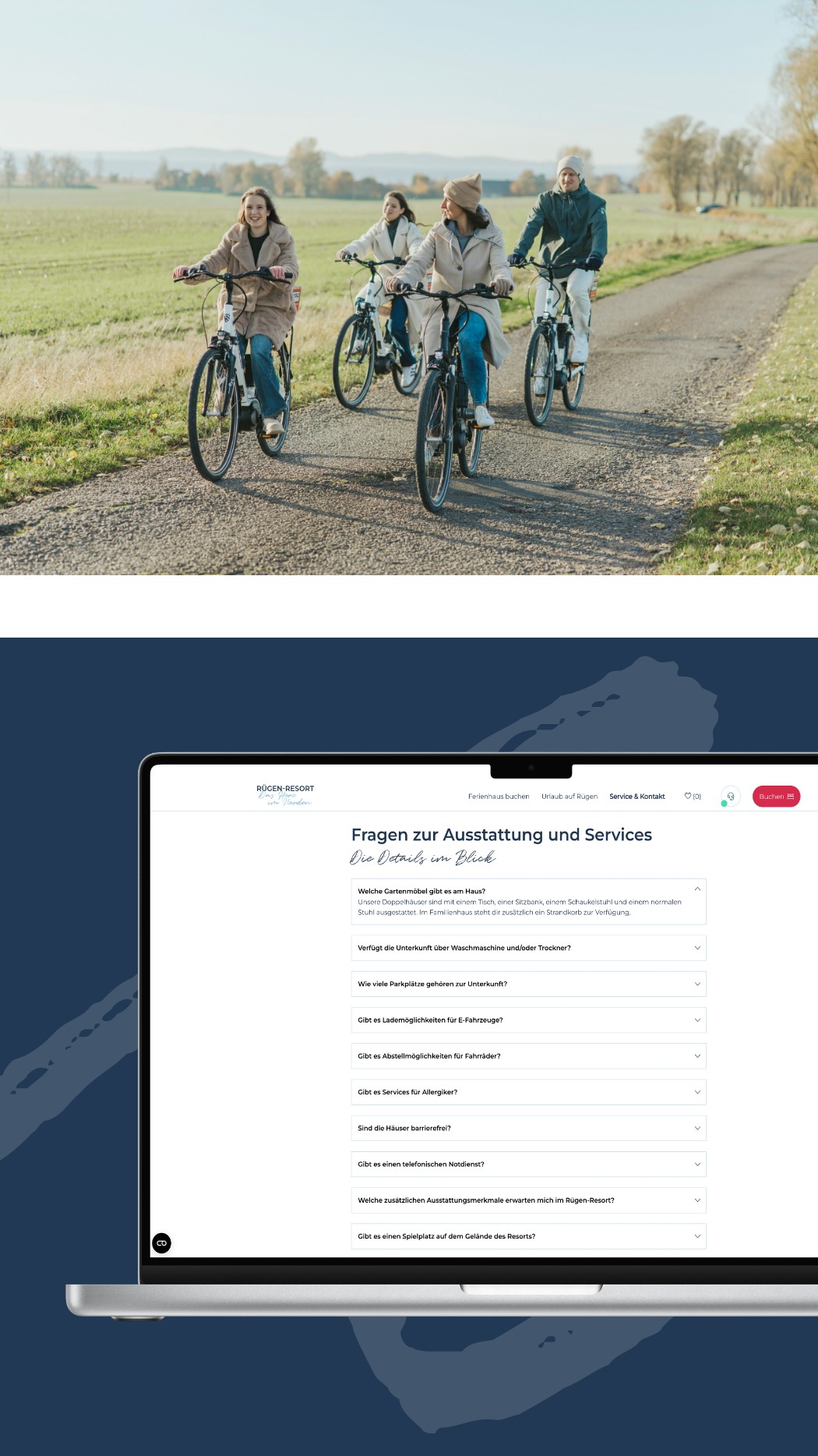 h2_gstolz_teaser_10.jpg Eine Bildercollage: Auf dem ersten Bild macht eine Menschengruppe einen Fahrradausflug. Auf dem zweiten Bild ist die Internetseite von Rügen Resort zu sehen.