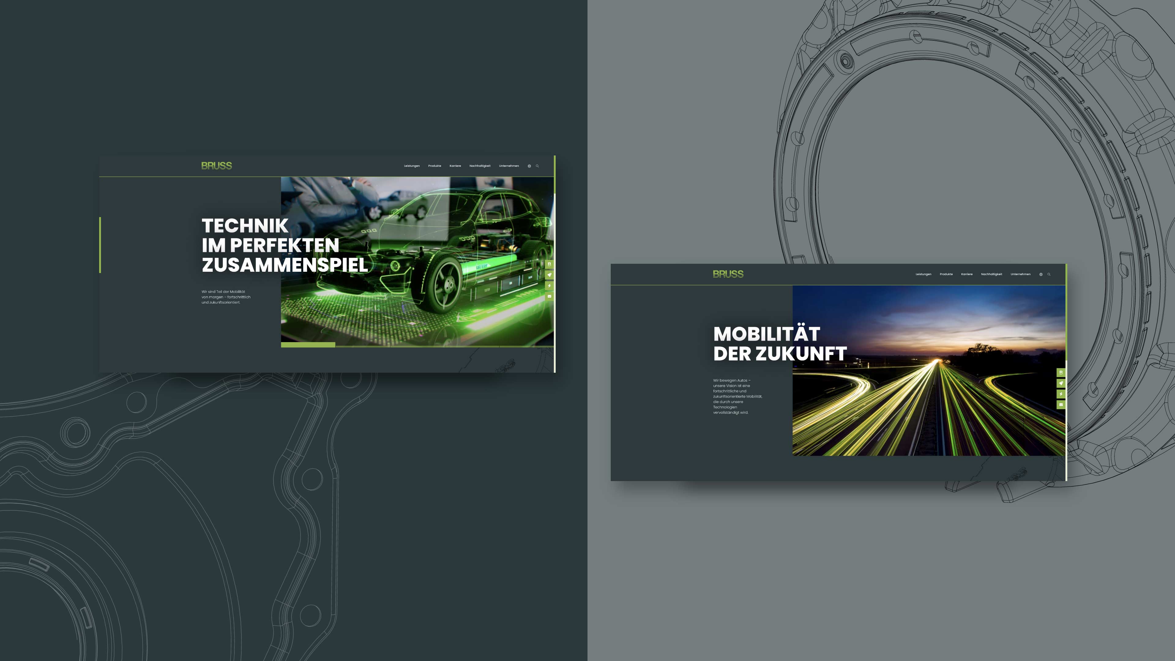 Zwei Ansichten der Bruss Webseite.