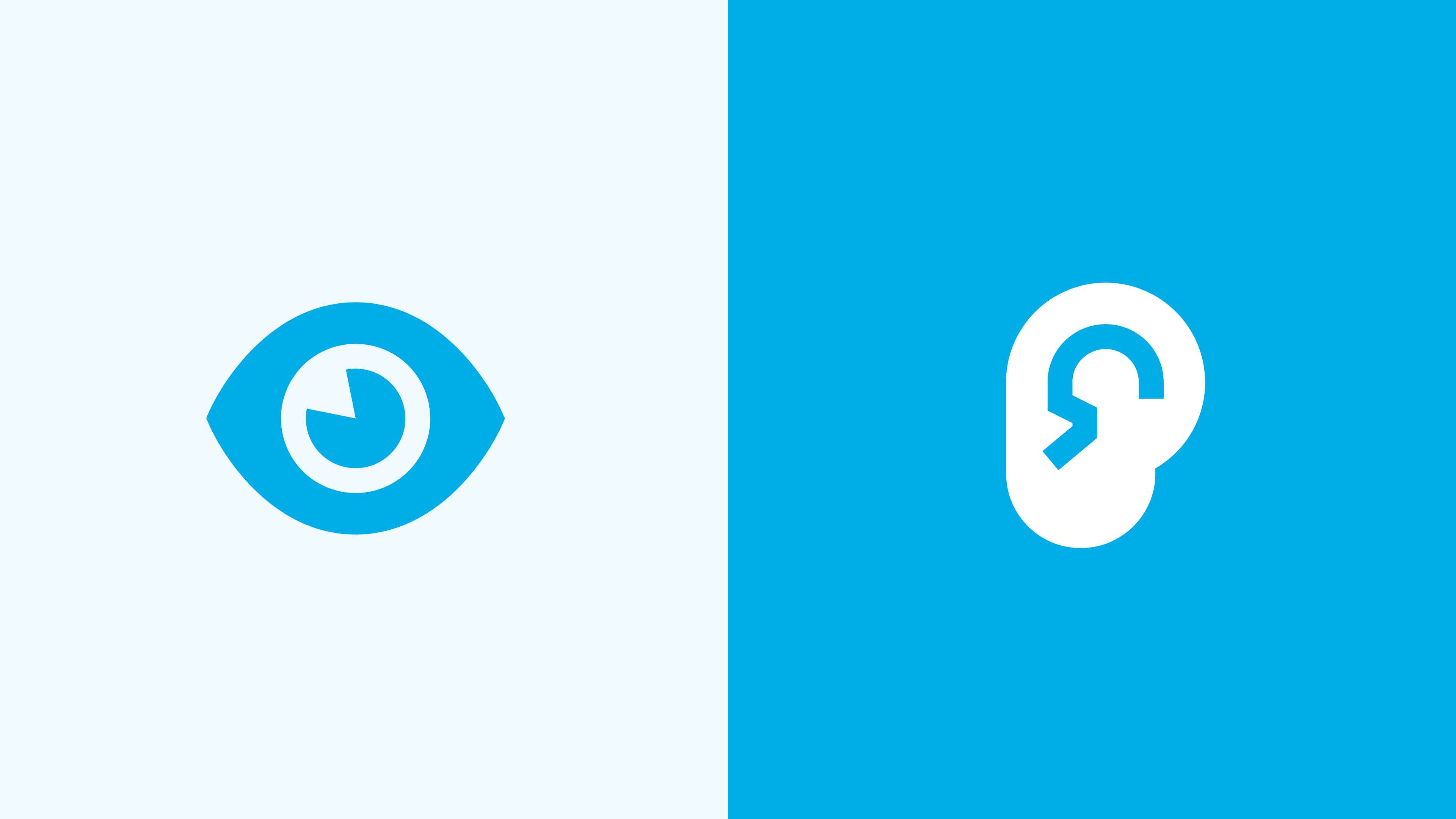 Zweigeteilte Grafik in den Farben Hellblau, Mittelblau und Weiß. Auf der linken Seite befindet sich ein Auge und auf der rechten Seite ein Ohr.