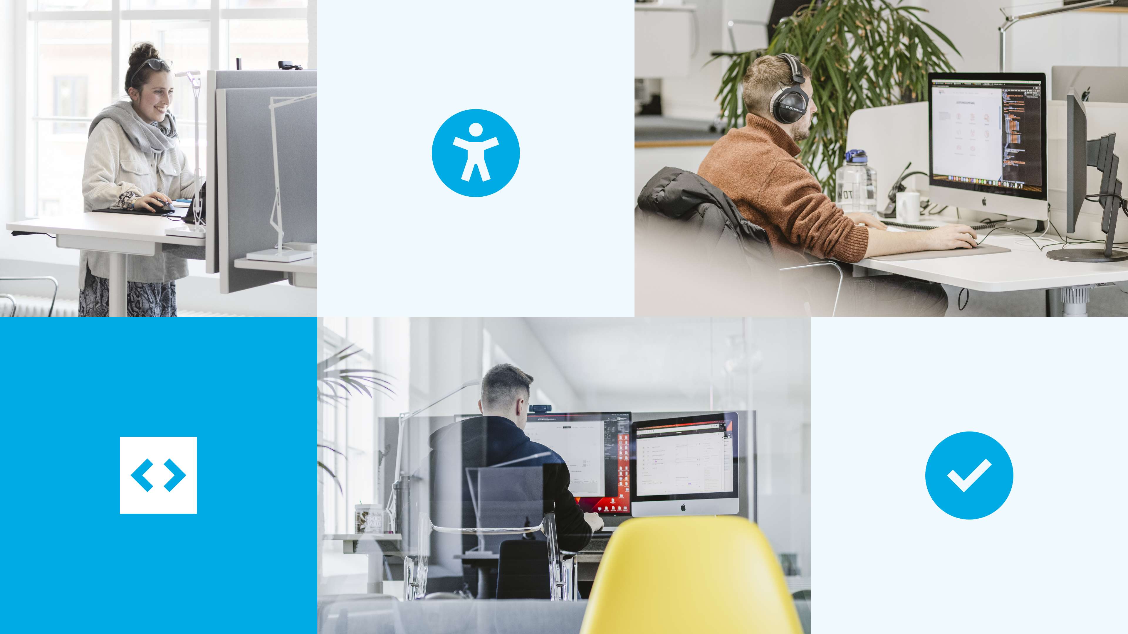 Collage verschiedener Hochzwei-Mitarbeiterinnen und Mitarbeiter gemischt mit den Symbolen dreieckige Klammern, ein Männchen in einem Kreis und einem Haken in einem Kreis.