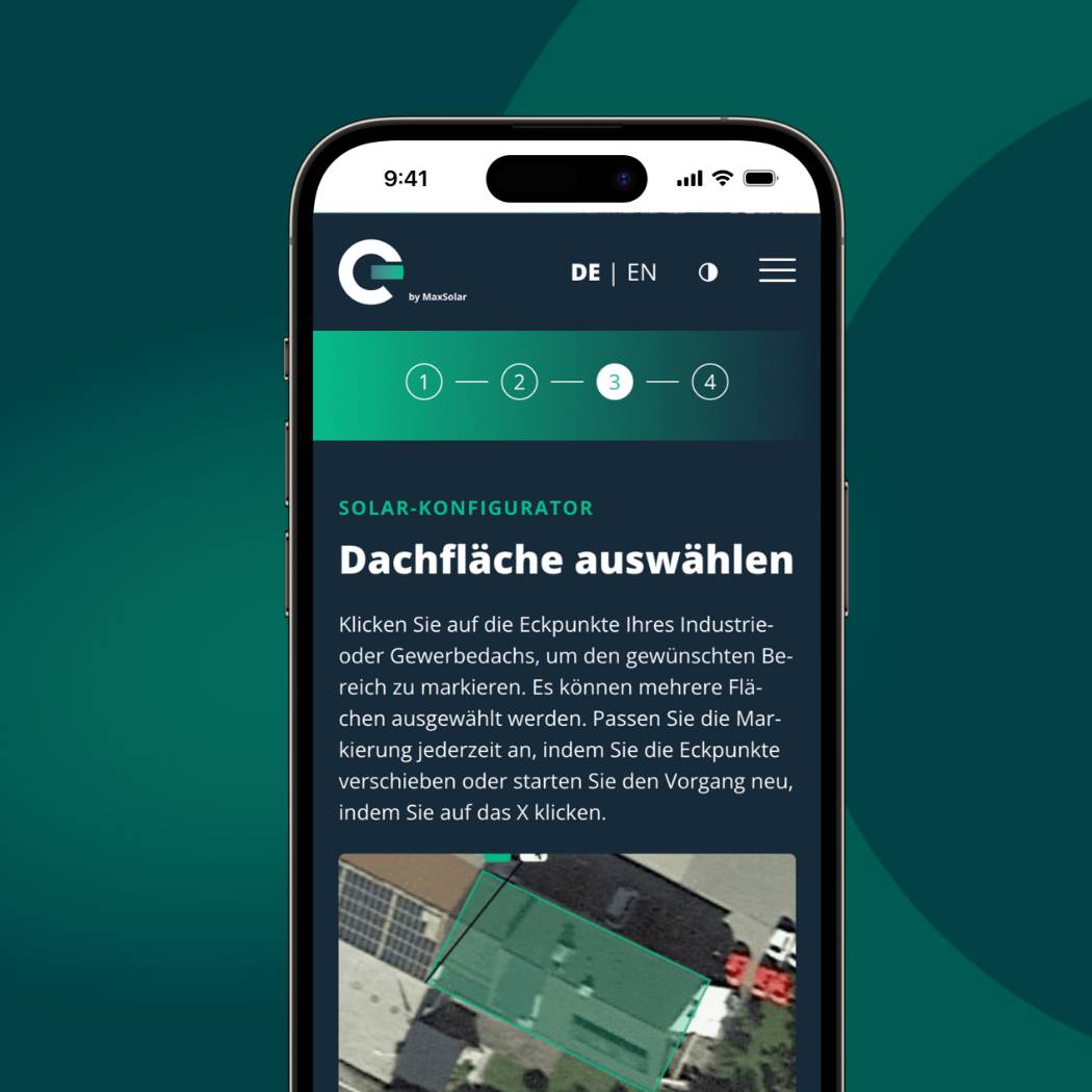 h2_enpar_lead-tool_teaser_02.jpg Solar-Konfigurator von Energy Partners auf dem Smartphone, Schritt 2: Dachfläche auswählen