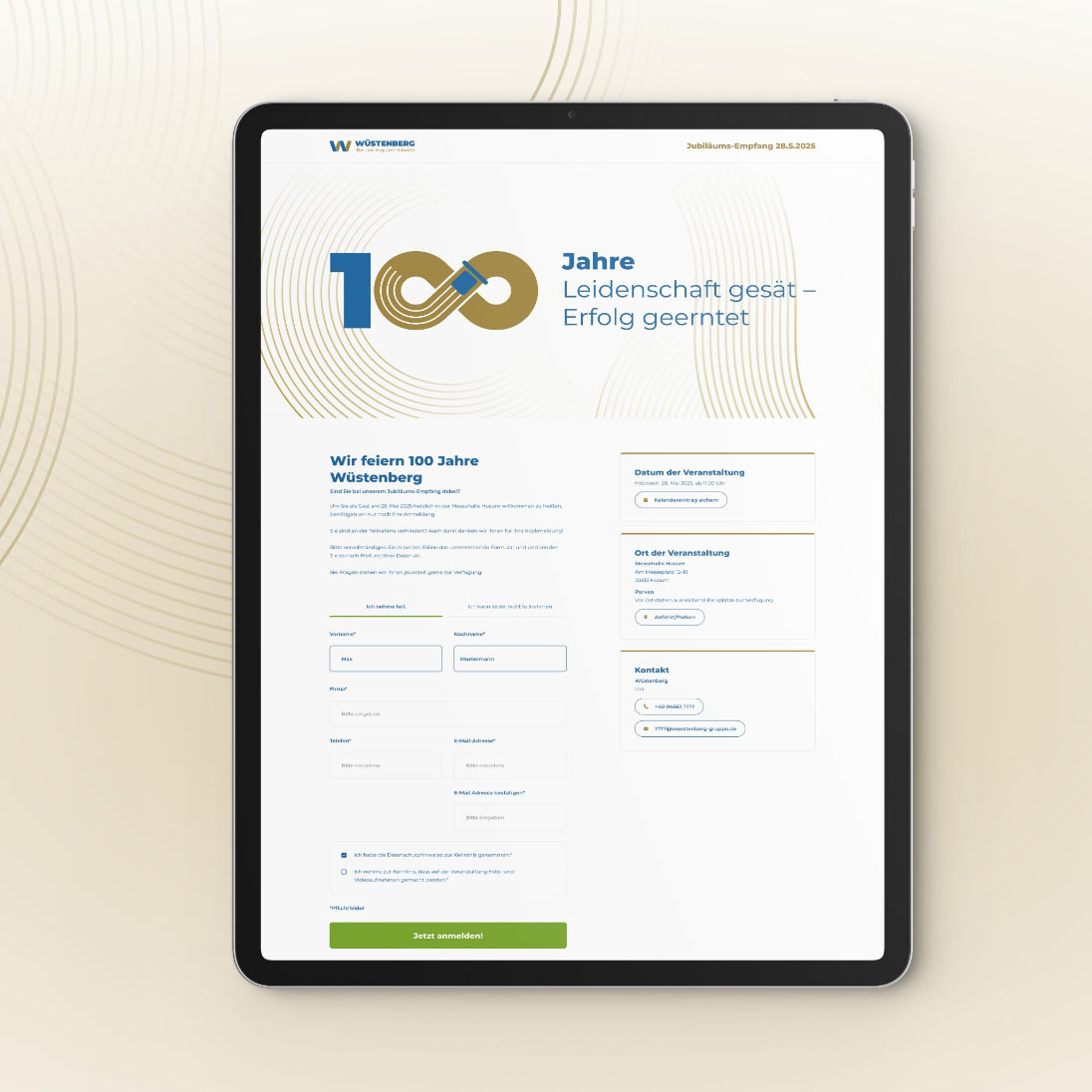 Tablet zeigt Anmeldeformular zur Jubiläumsfeier von Wüstenberg