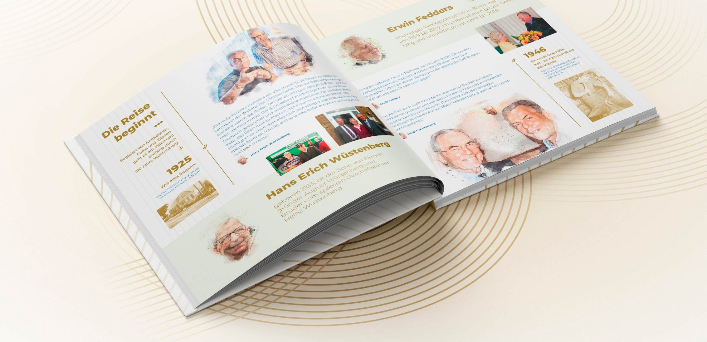 Die aufgeschlagene Festschrift von Wüstenberg zeigt Zeitstrahl