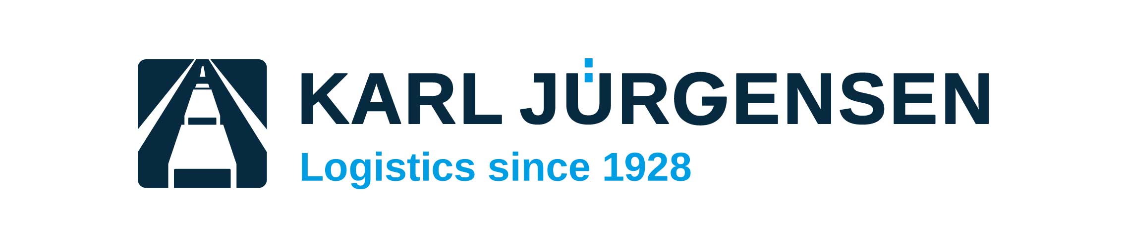 Karl Jürgensen Schriftzug mit Logo das einen LKW von oben auf einer Straße andeutet