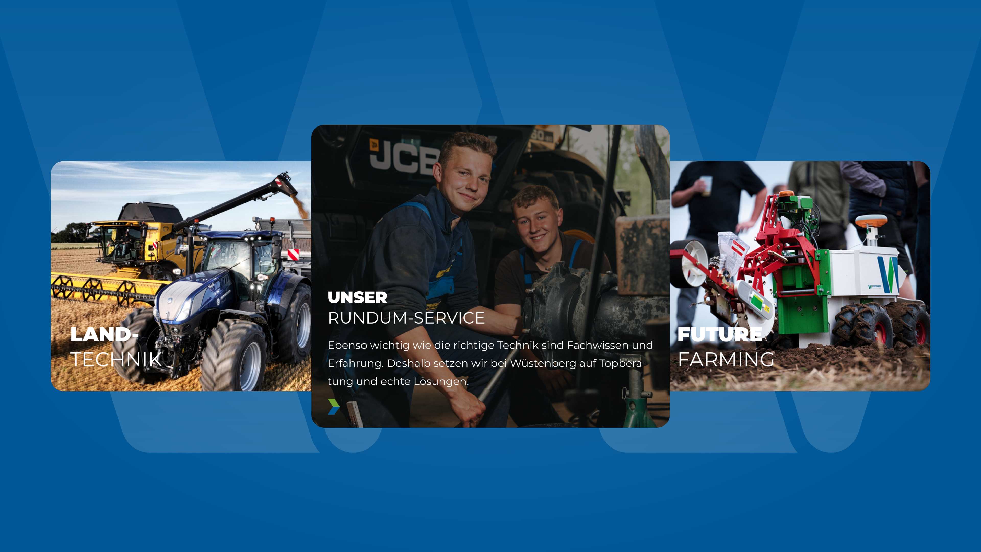 hochzwei_relaunch-wuestenberg_slider_01.jpg Bilder von Traktoren, Angestellten und einer Modellmaschine im Test