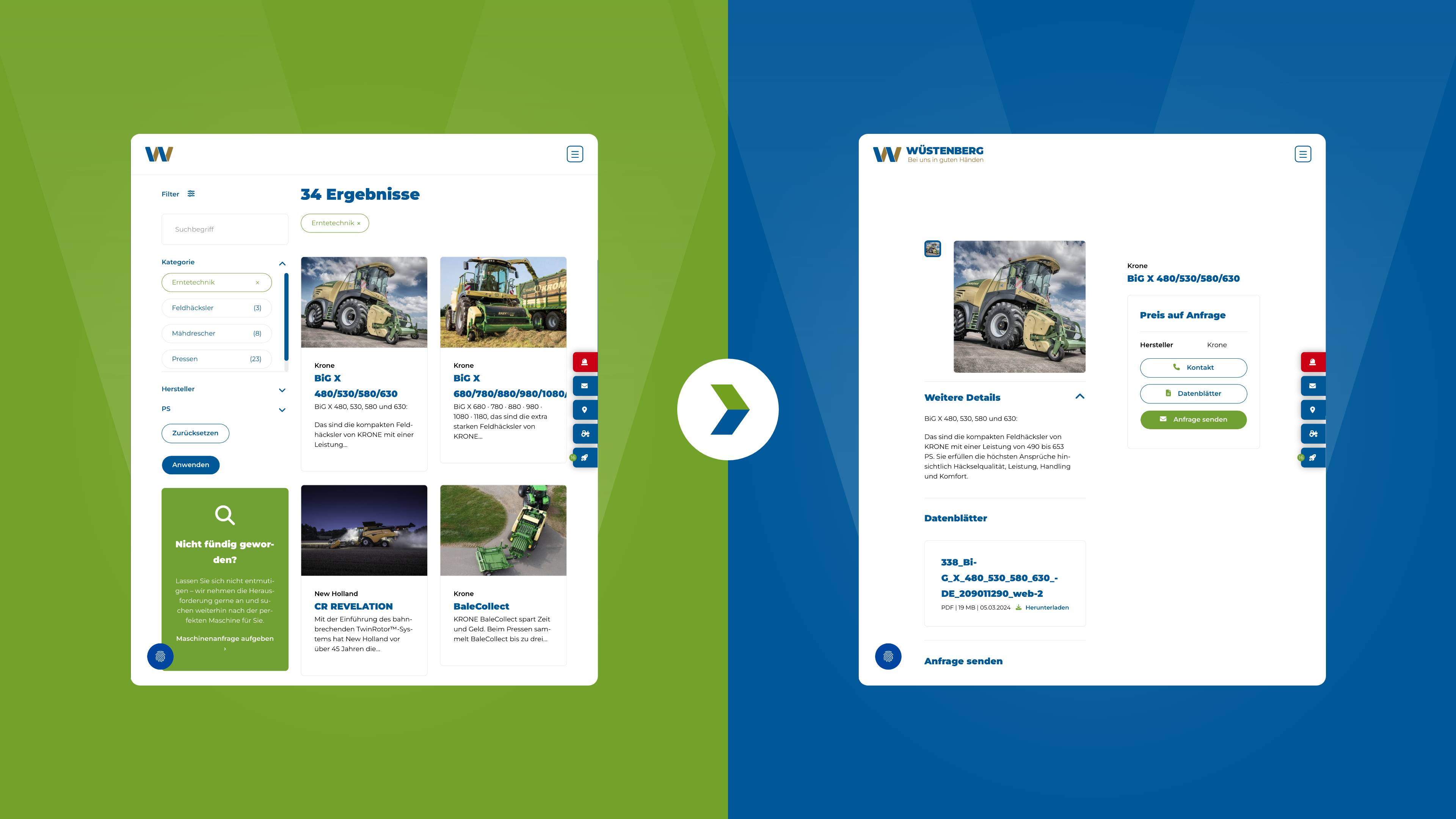 hochzwei_relaunch-wuestenberg_slider_03.jpg Beispielseiten der Webseite vor hellgrünem und dunkelblauem Hintergrund.