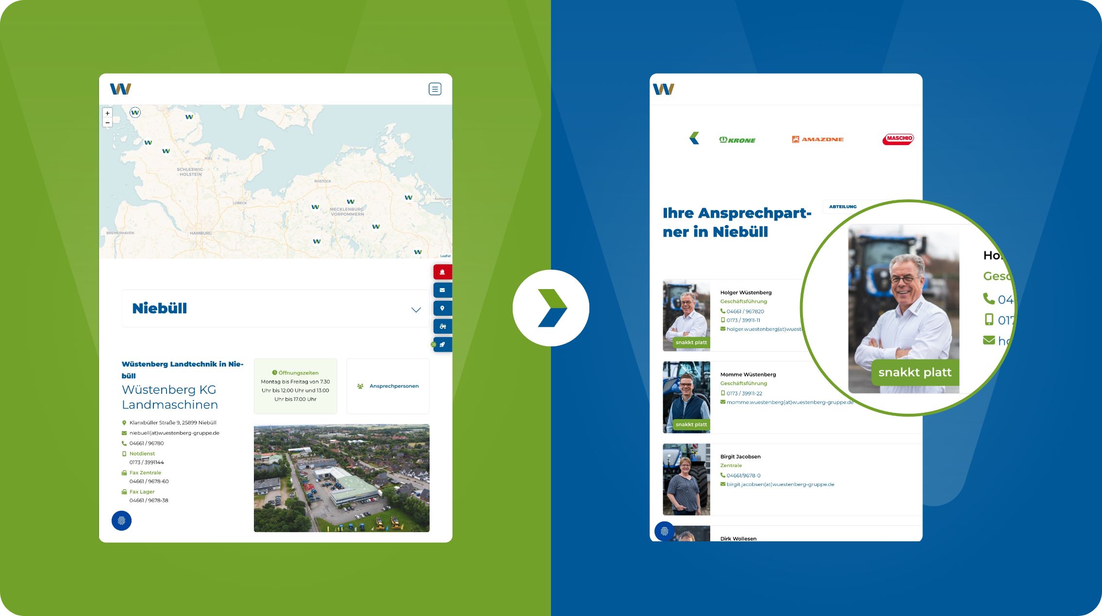 hochzwei_relaunch-wuestenberg_teaser_07.jpg Beispielseiten der Webseite vor hellgrünem und dunkelblauem Hintergrund.