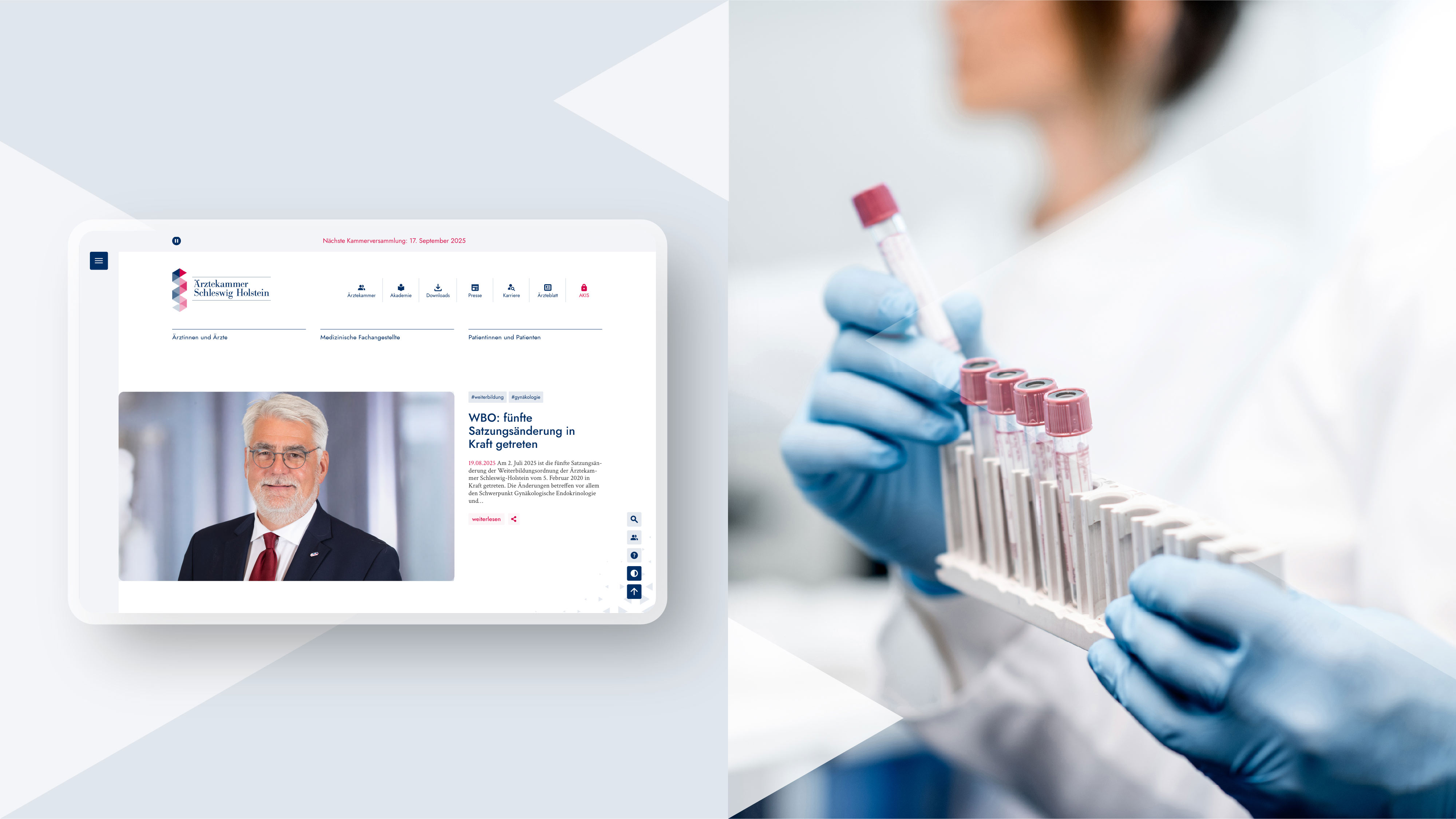 Zweigeteilte Grafik. Die Webansicht der Webseite und eine junge Ärztin mit Blutproben in der Hand.