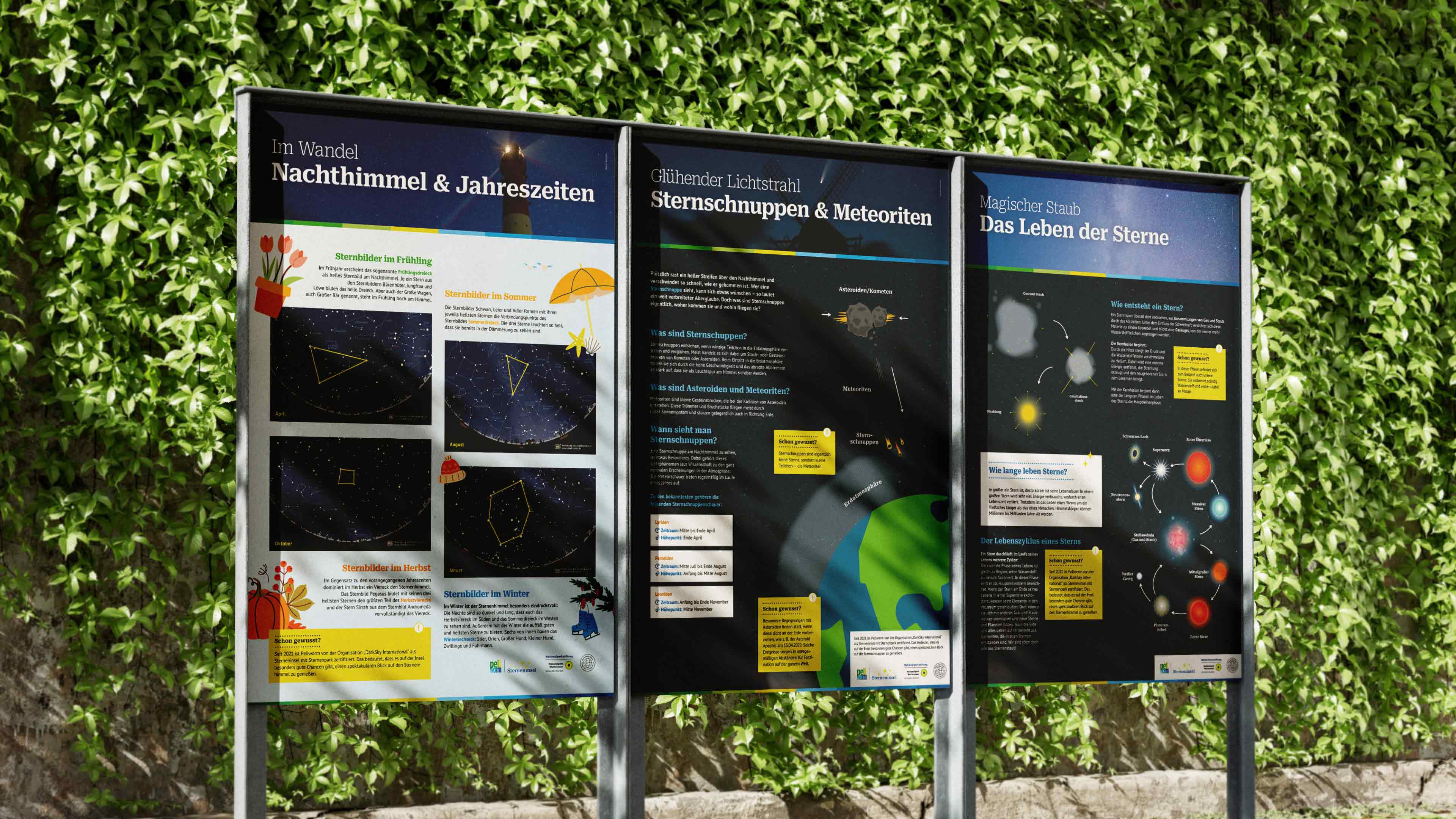 Infotafel vor einer grünen Hecke.