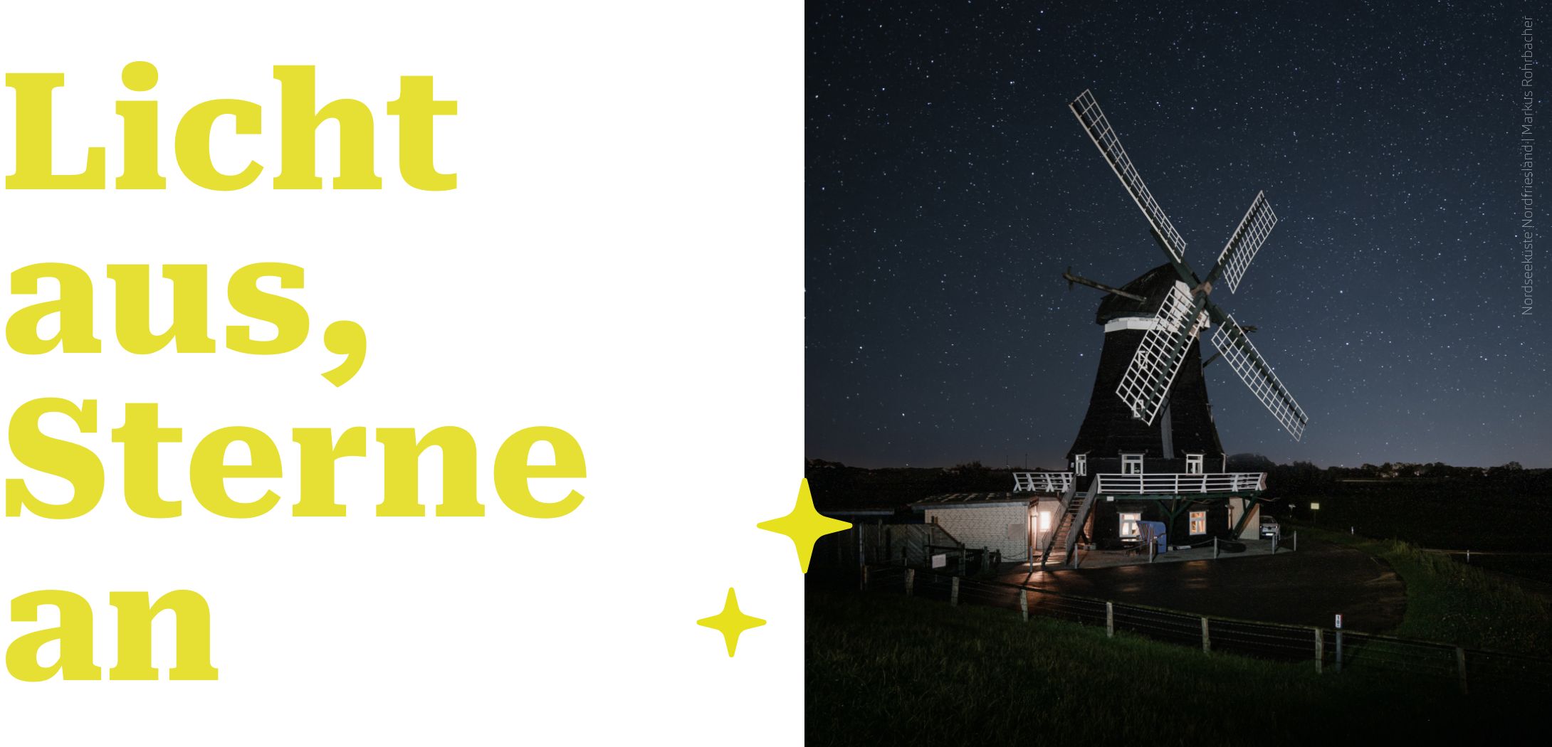 Schriftzug Licht aus, Sterne an und daneben eine beleuchtete Windmühle