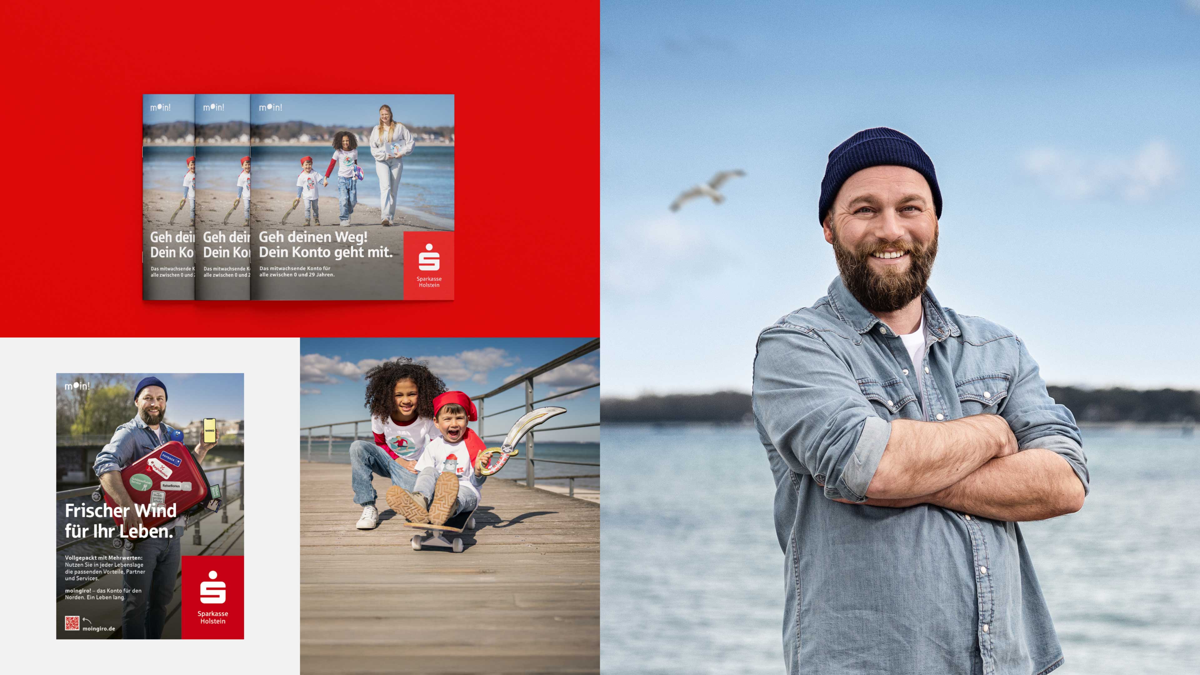 Collage Mann mit Wollmütze am Strand und zwei Flyer von moingiro und zwei Kinder