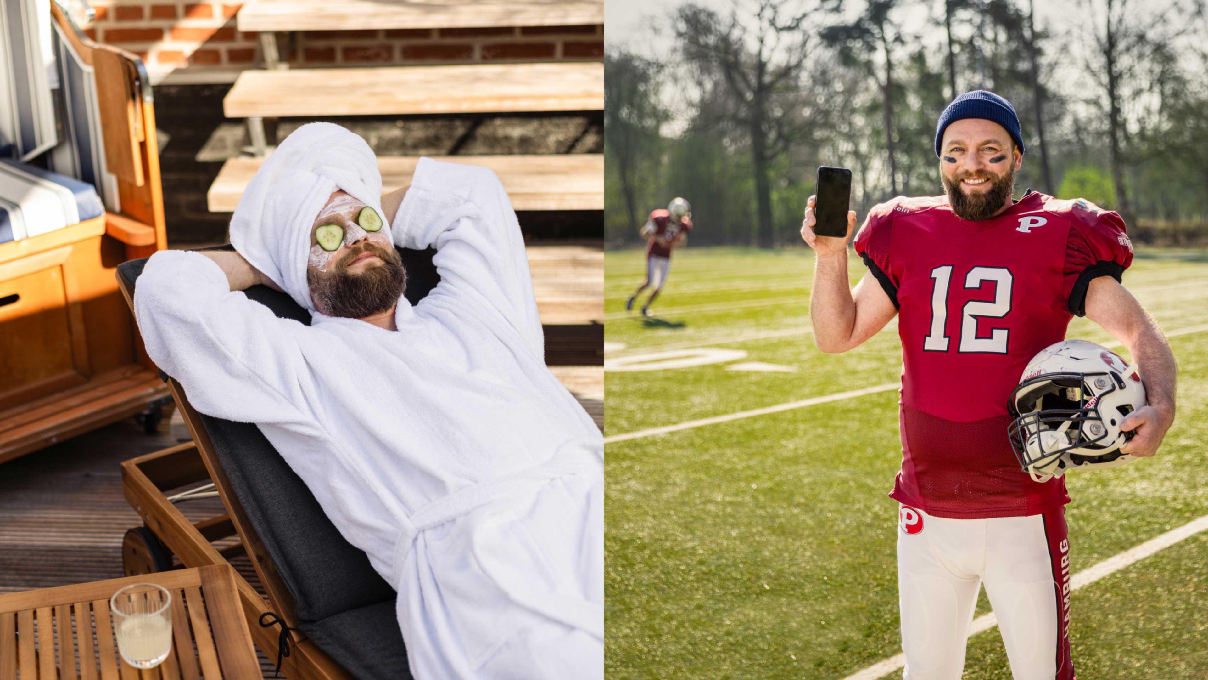 Mann mit Bart liegt im Bademantel mit Gurkenscheiben auf den Augen im Spa und Mann mit Bart als Footballspieler auf dem Feld