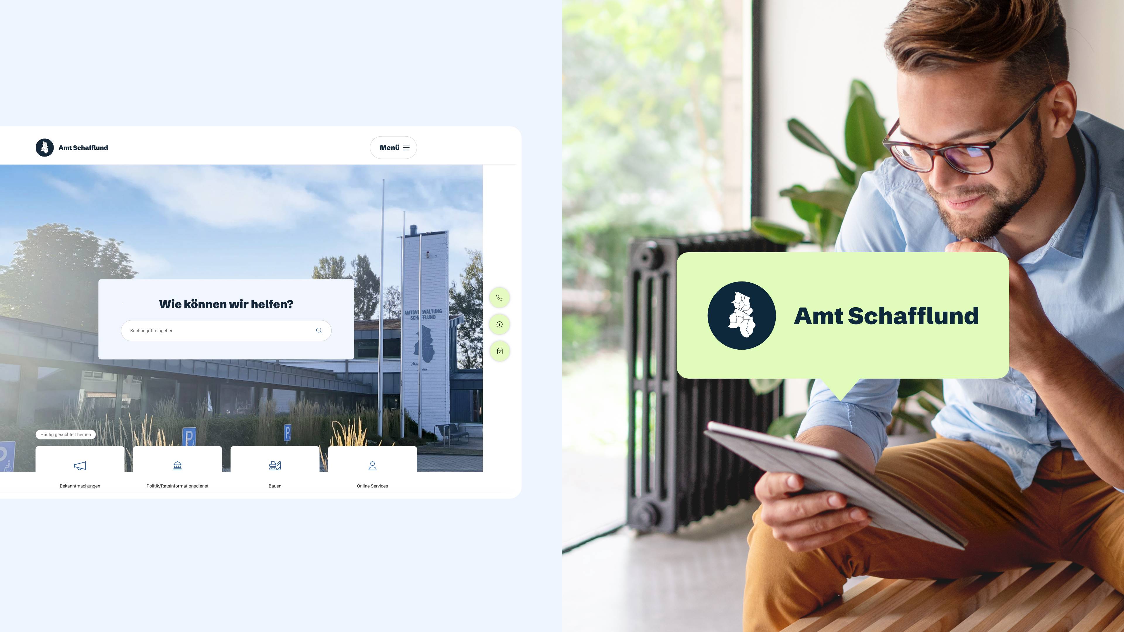 Zweigeteilte Grafik. Links die Startseitenansicht der neuen Amt Schafflund Webseite, rechts ein junger Mann sitzt in einem modernen Wohnzimmer und schaut auf ein Tablet. In der Mitte des Bildes ist eine hellgrüne Sprechblase in der Amt Schafflund steht.