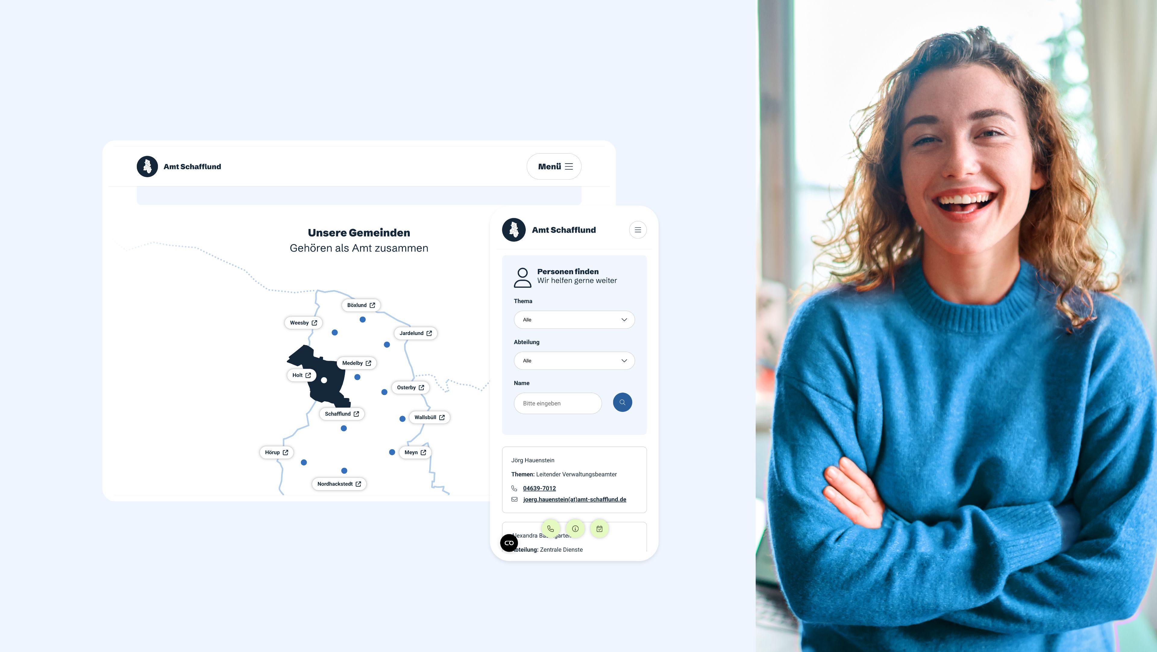 h2_amts_slider_01.jpg Zweigeteilte Grafik. Links die Baugebiete Seite von Amt Schafflund, rechts eine lächelnde junge Frau.