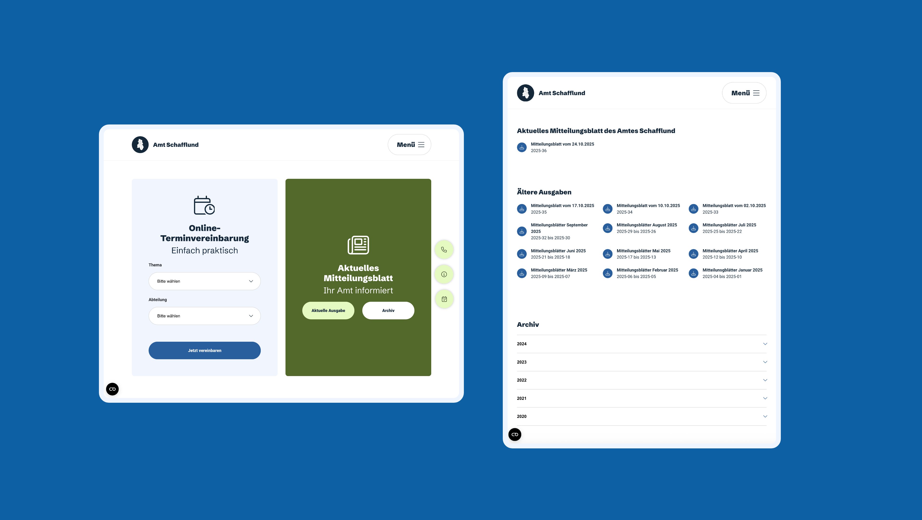 h2_amts_slider_04.jpg Ansicht von zwei Themenseiten der neuen Webseite.