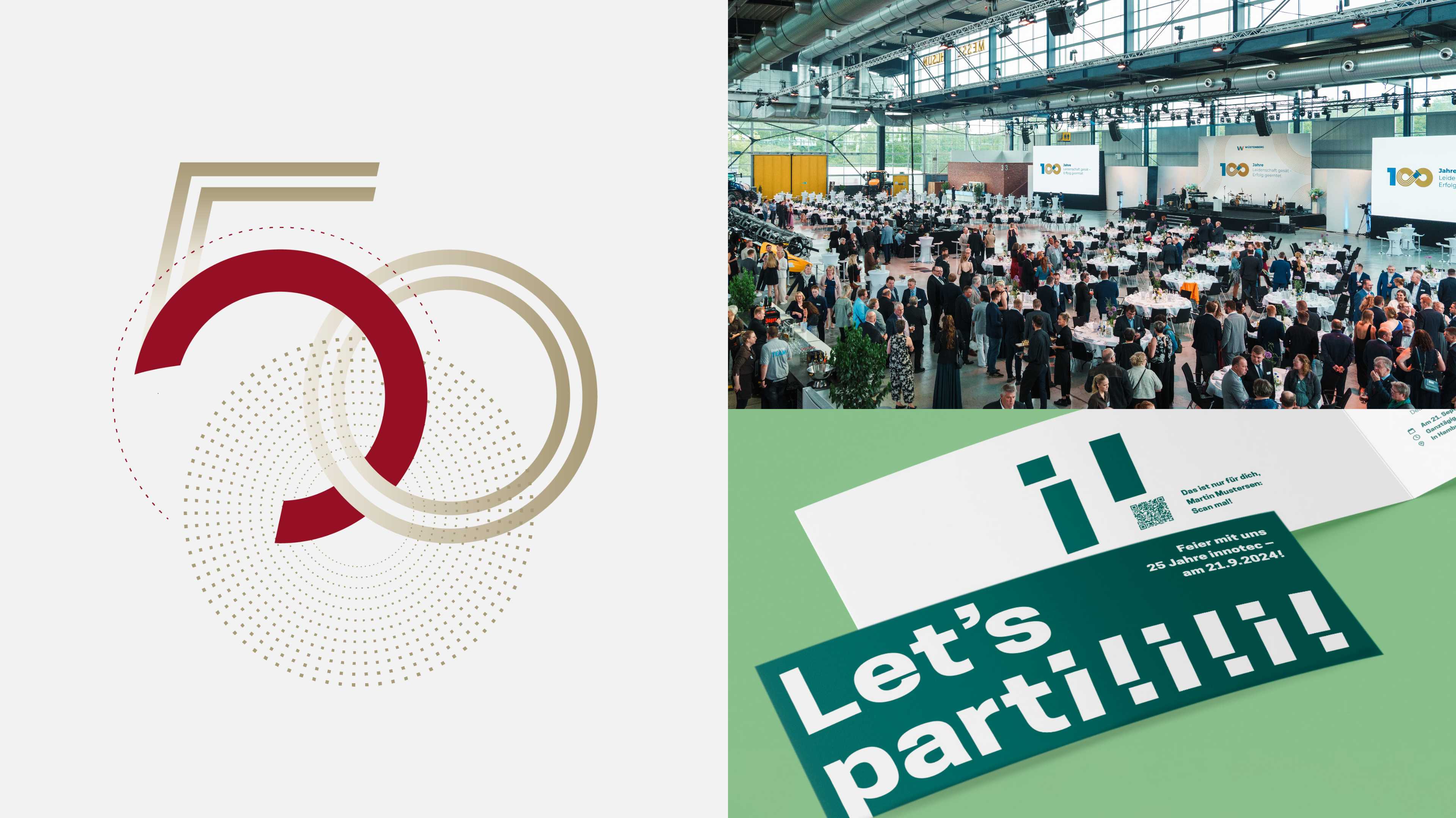 Dreigeteilte Grafik. Ein Foto der Wüstenberg Jubiläumsveranstaltung, eine 50 Jahre ttp Grafik und eine Jubiläumseinladung von innotec.