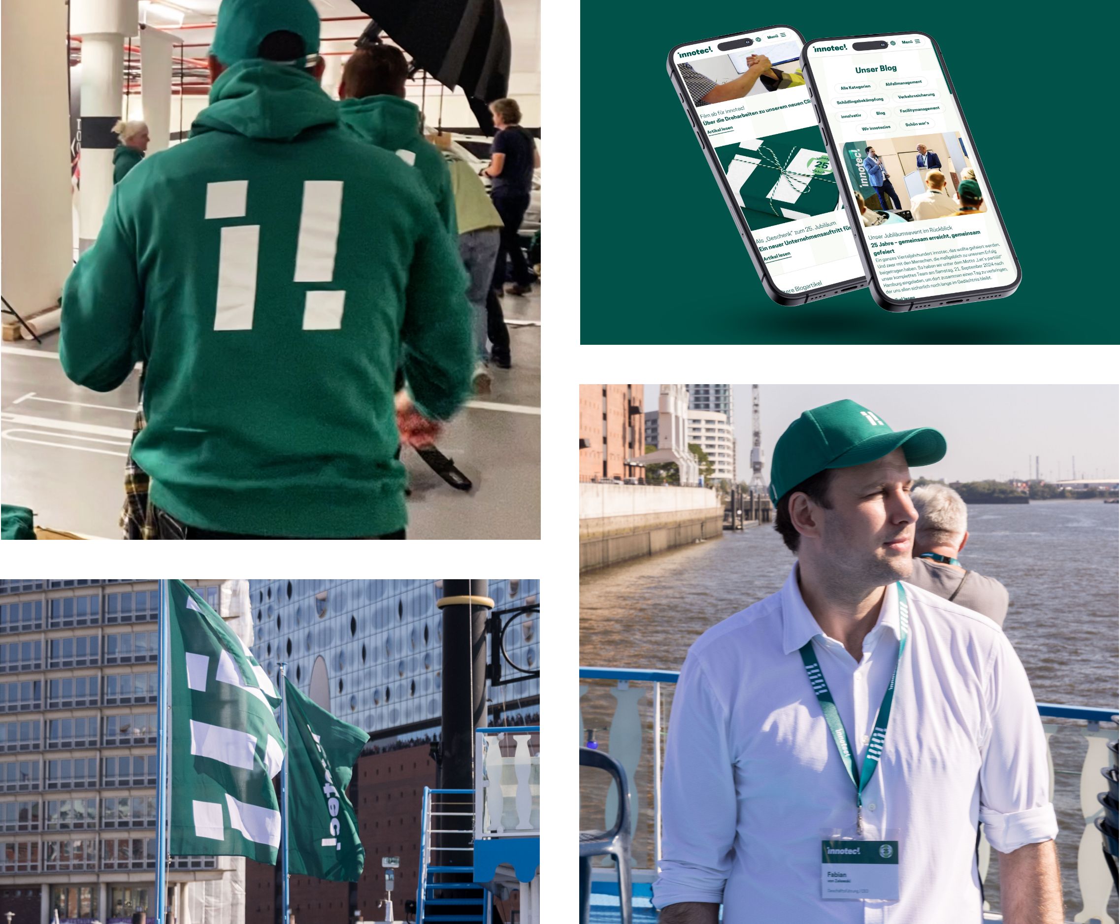 h2_einblicke_firmenevents_teaser_09.jpg innotec Jubiläumswerbegeschenke wie ein Kapuzenpullover, ein Schlüsselband und eine Schirmmütze. Zudem ein Foto der innotec Webseite auf einem Smartphone und einer innotec Flagge vor der Hamburger Elbphilharmonie.